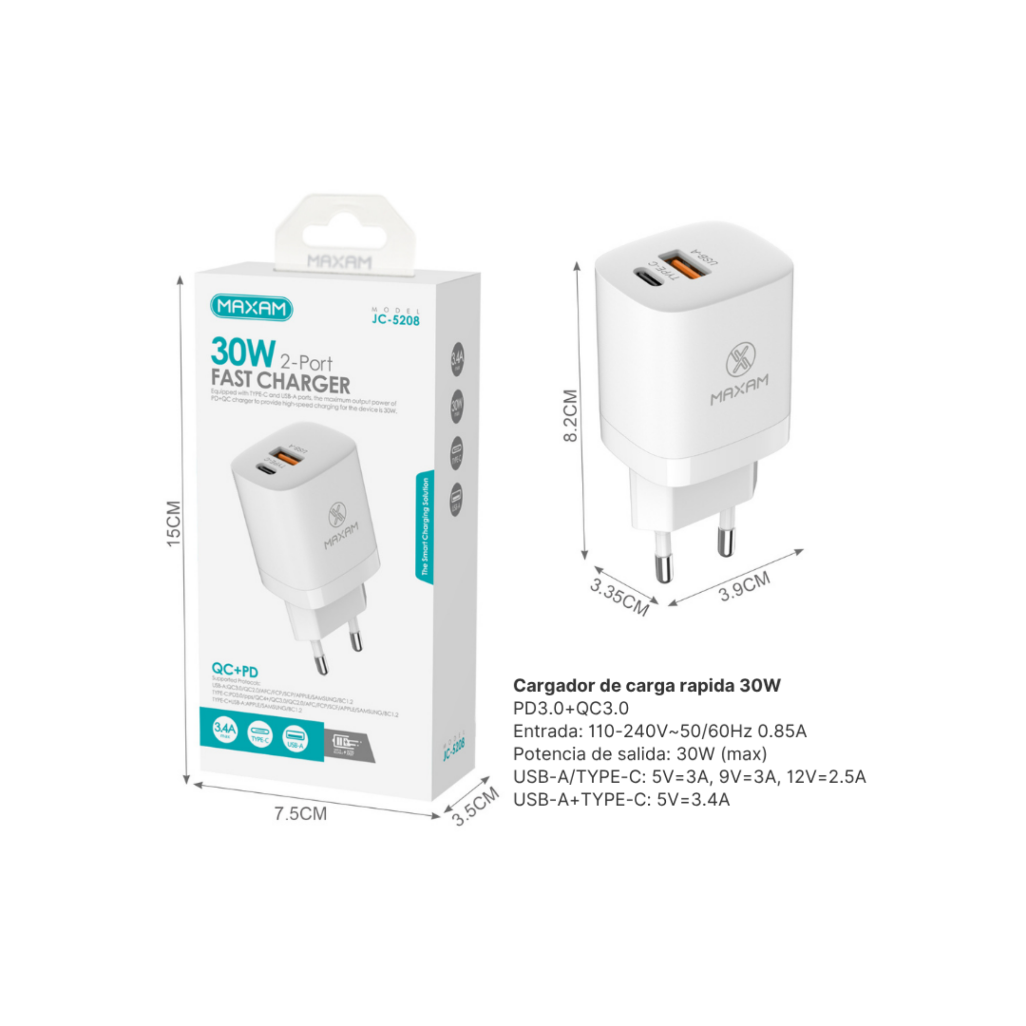 JC-5208 Cargador Rápido PD 30W Doble Puerto USB-C + USB-A – Blanco