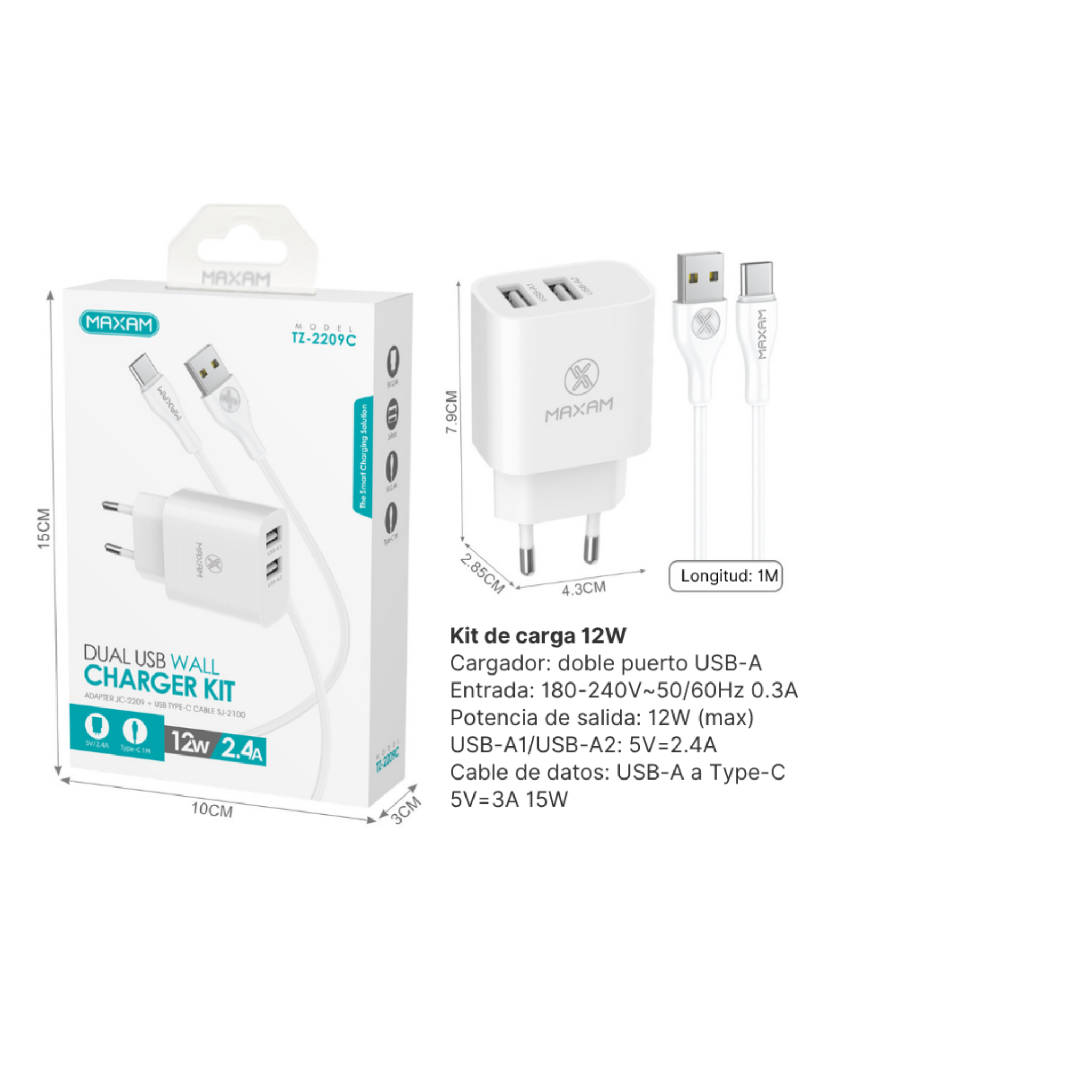 TZ-2209C Kit Cargador de Viaje Doble Puerto 12W con Cable Type-C 2.4A 1m – Blanco