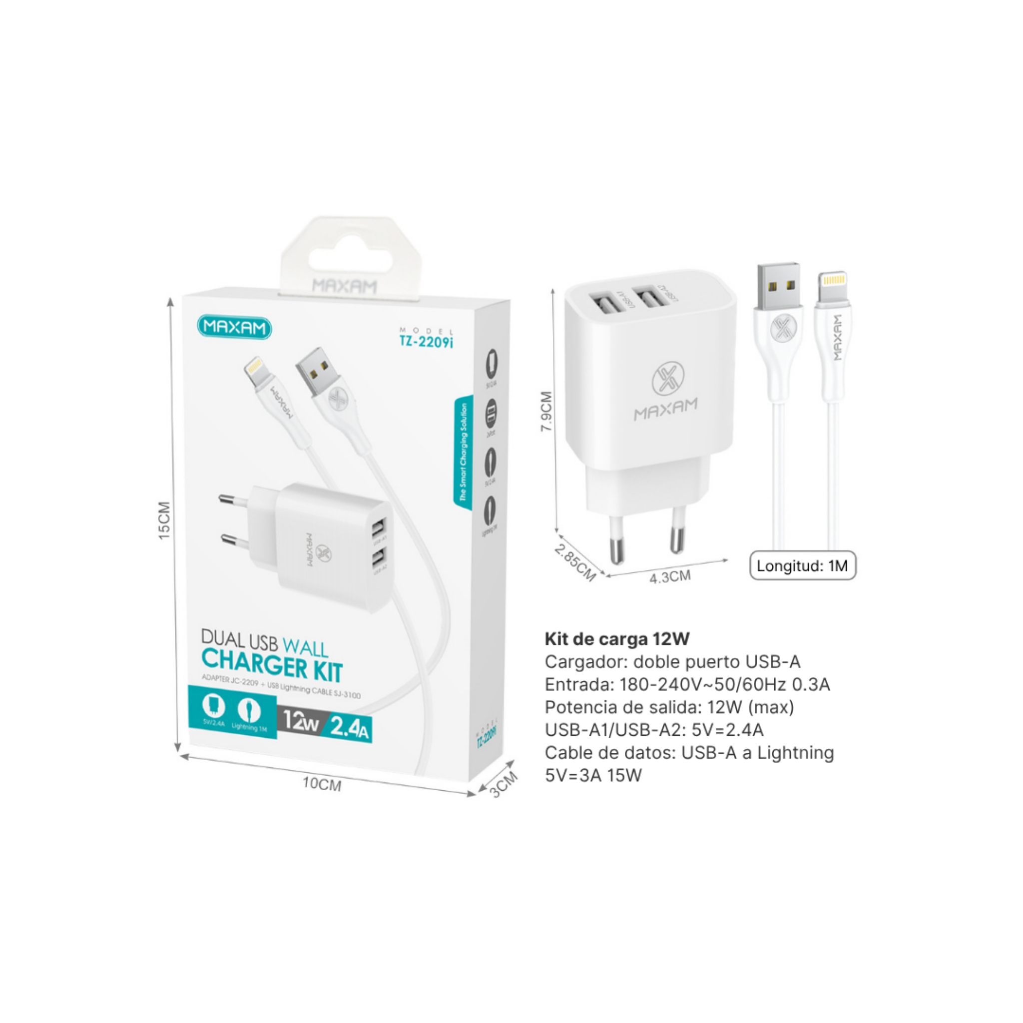 TZ-2209I Kit Cargador de Viaje Doble Puerto 12W con Cable Lightning 2.4A 1m – Blanco