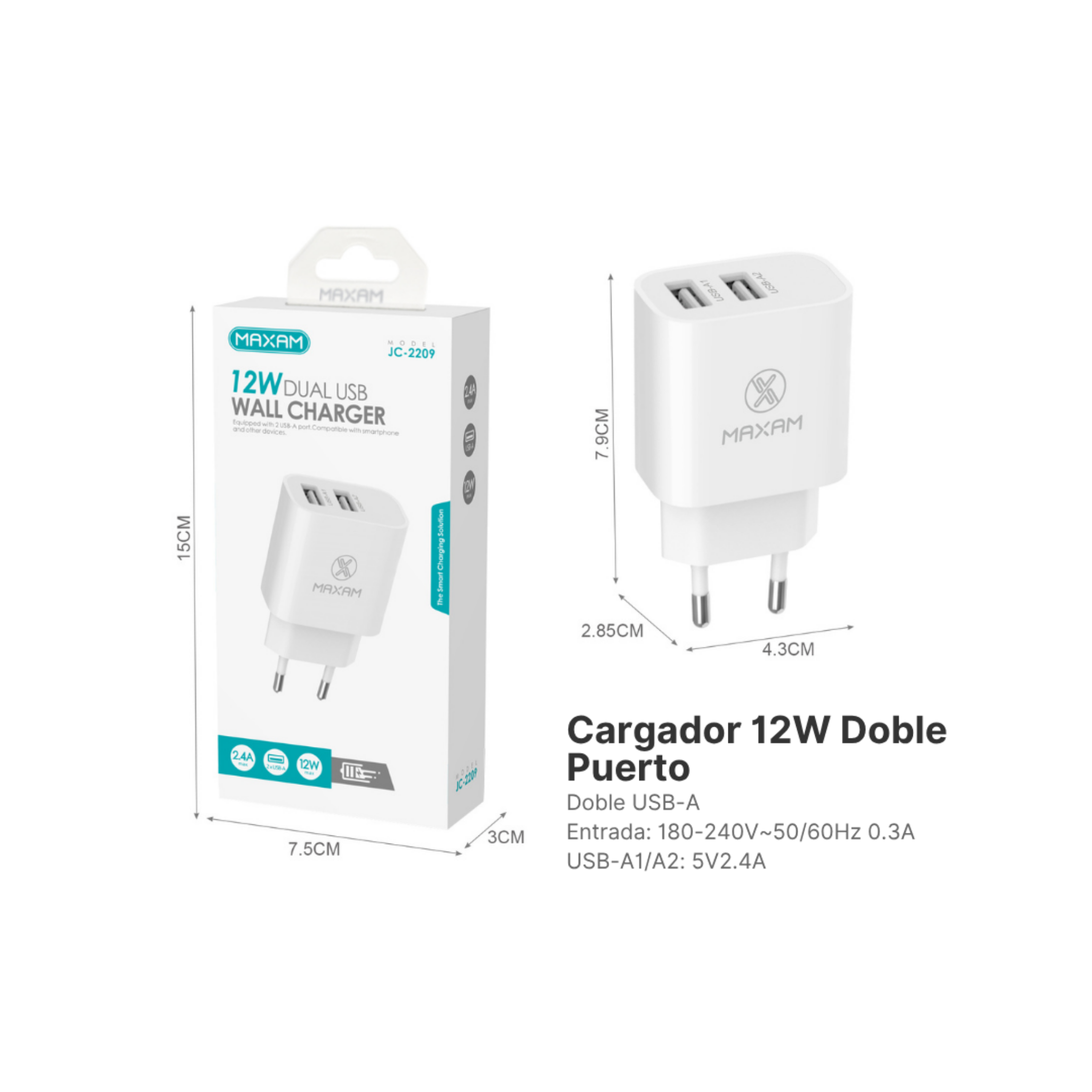 JC-2209 Cargador de Viaje Doble Puerto 12W – Blanco