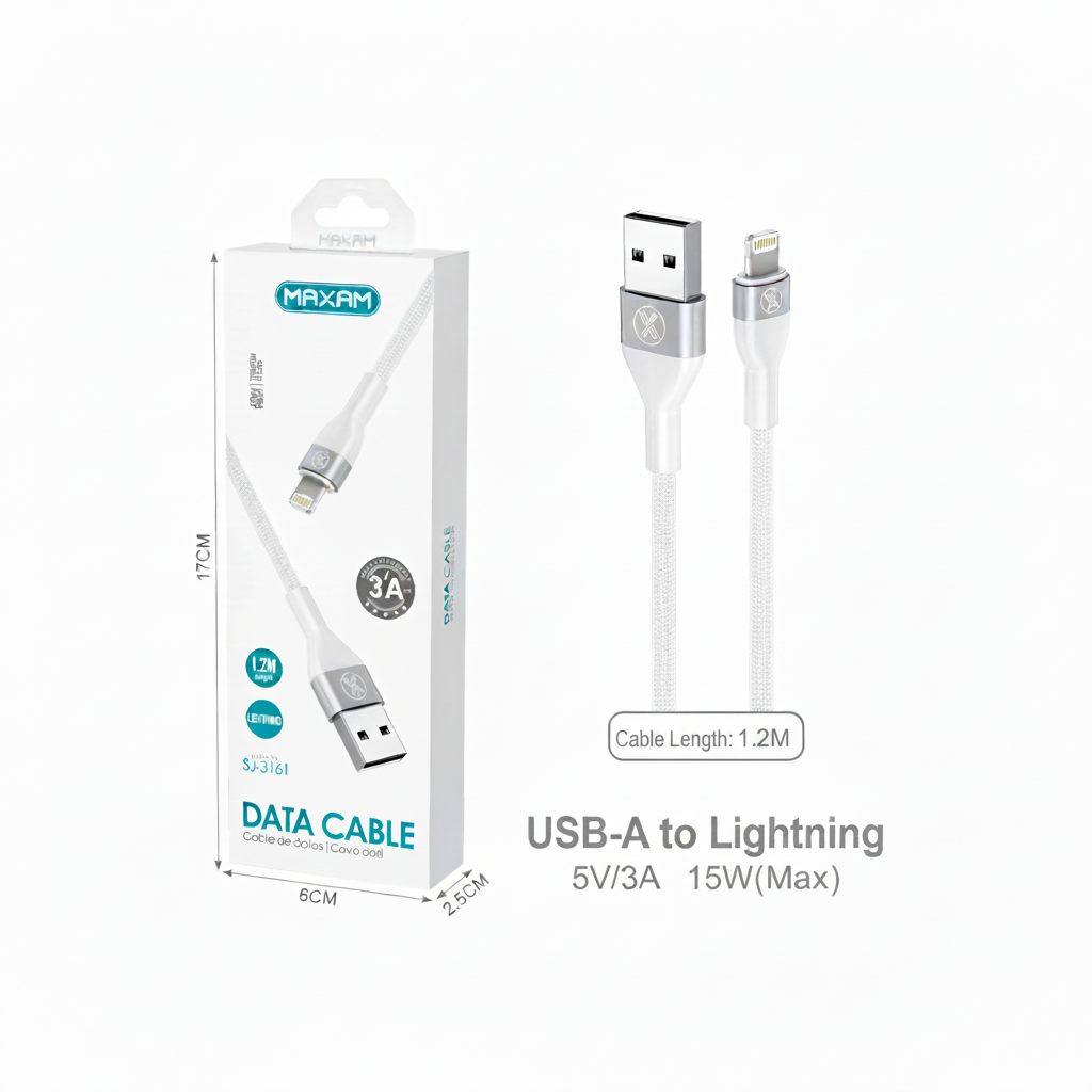 SJ-3161 Cable Lightning Trenzado de Aluminio 3A – 1,2 m | Blanco y Negro