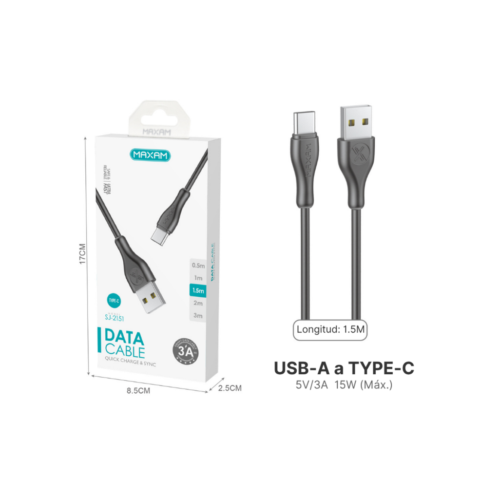 Cable USB Tipo C PVC — (0,5 m / 1 m / 1,5 m / 2 m / 3 m) Blanco y Negro MAXAM
