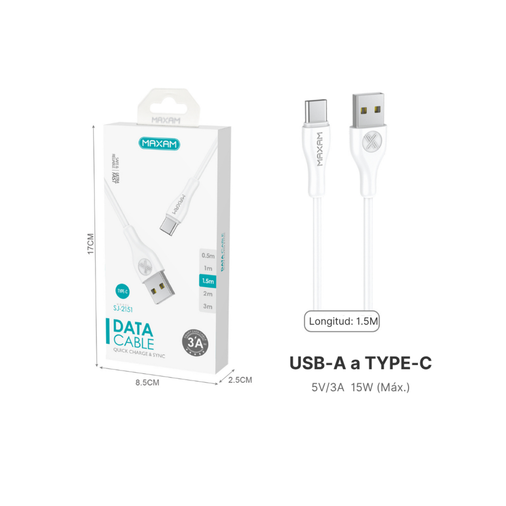 Cable USB Tipo C PVC — (0,5 m / 1 m / 1,5 m / 2 m / 3 m) Blanco y Negro MAXAM