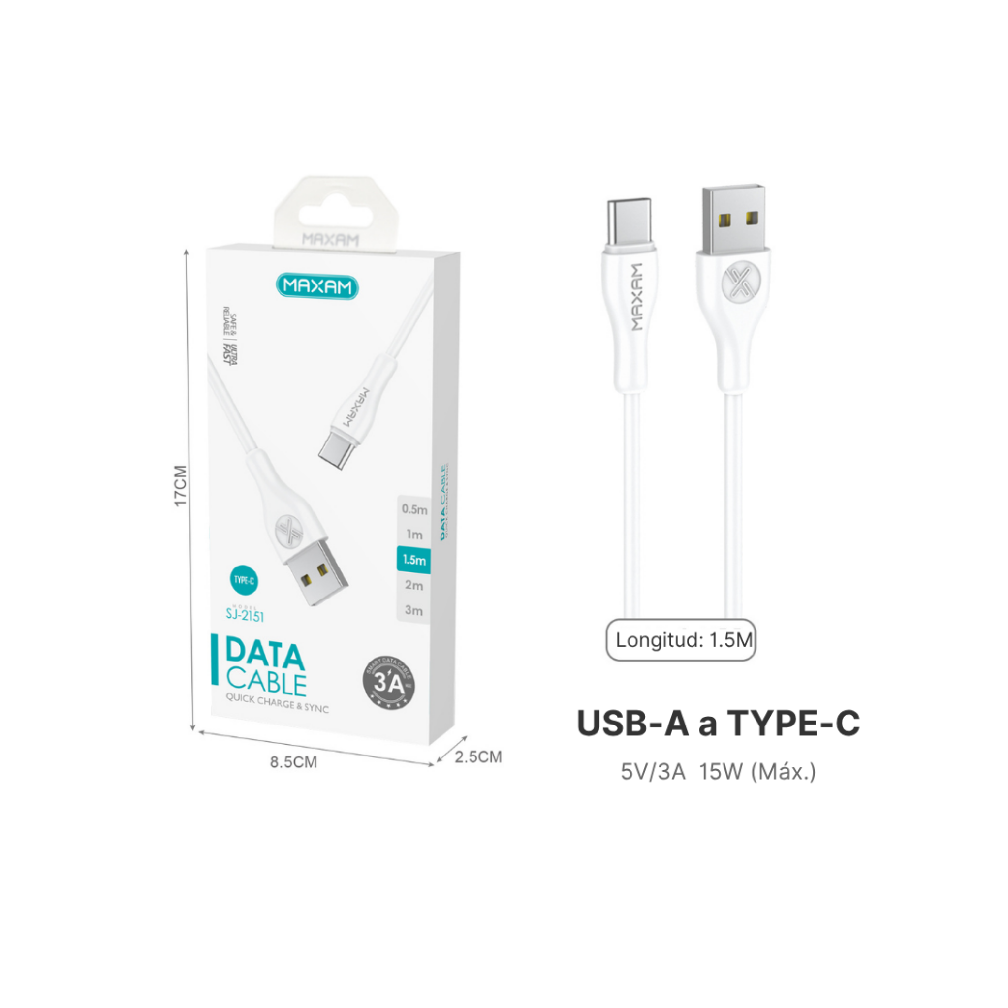 Cable USB Tipo C PVC — (0,5 m / 1 m / 1,5 m / 2 m / 3 m) Blanco y Negro MAXAM