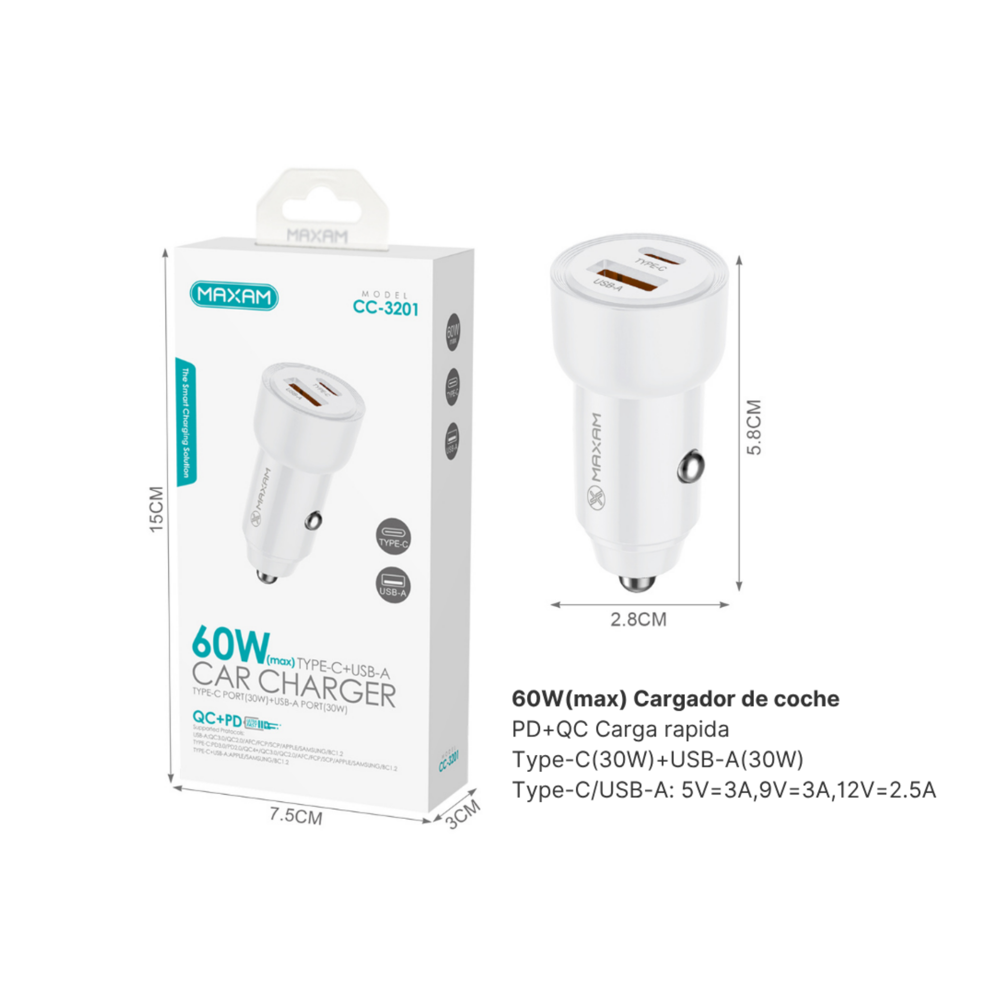 Cargador de Coche Carga Rápida CC-3201 | USB QC 30W + Type-C 30W | 60W Total
