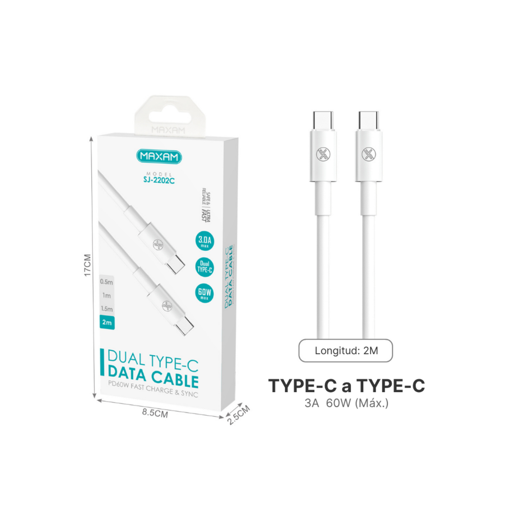 Cable USB Tipo C a Tipo C Blanco 60W —  (0,5 m / 1 m / 1,5 m / 2 m)