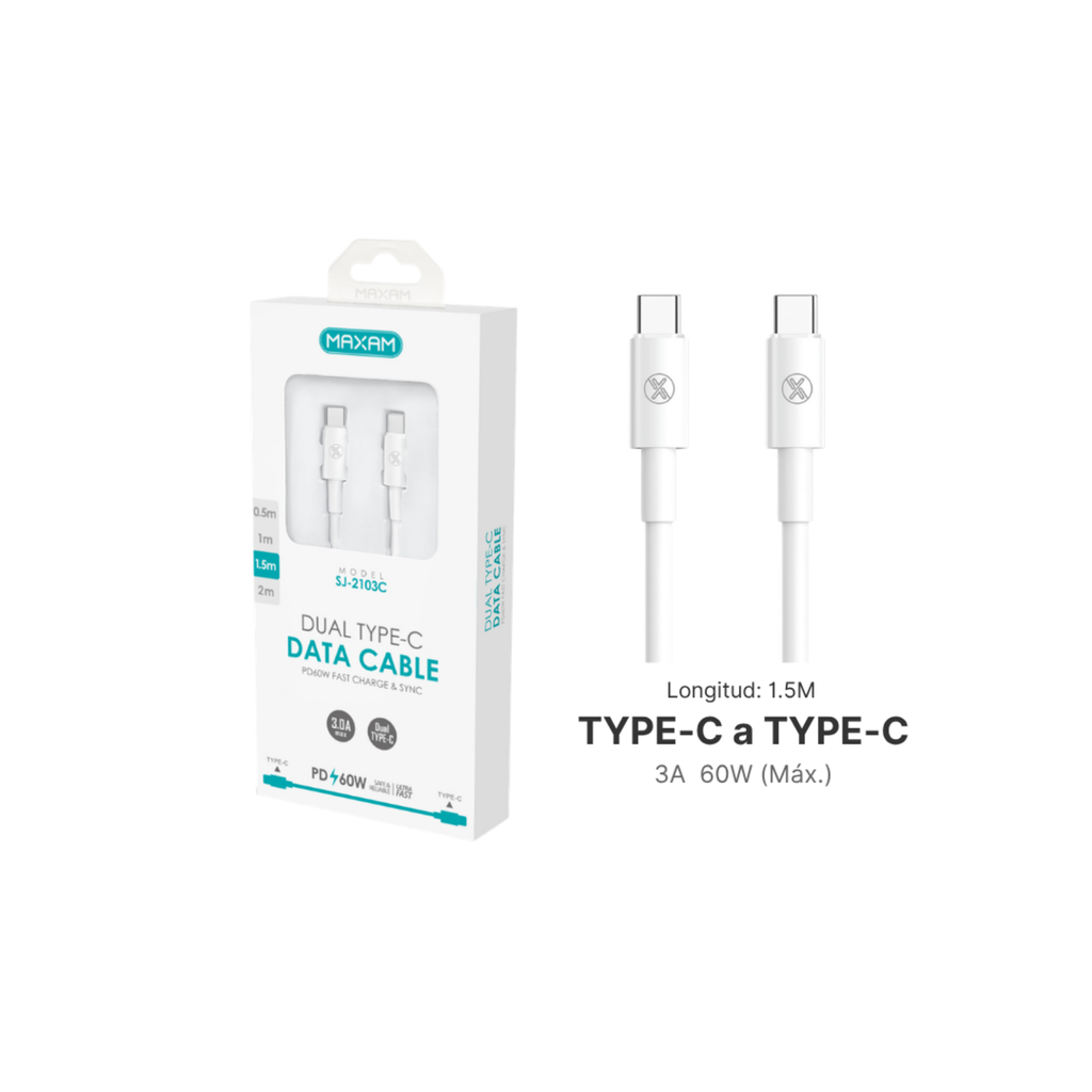 Cable USB Tipo C a Tipo C Blanco 60W —  (0,5 m / 1 m / 1,5 m / 2 m)