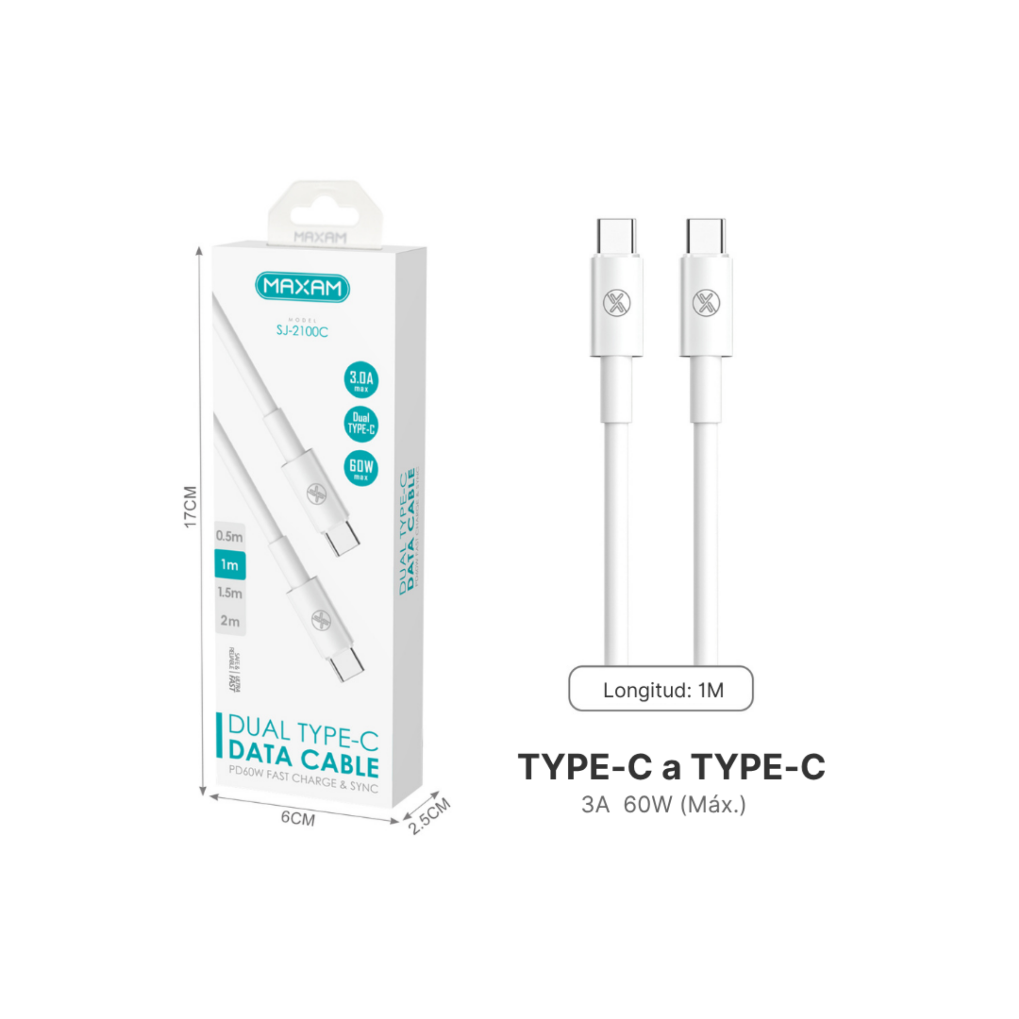 Cable USB Tipo C a Tipo C Blanco 60W —  (0,5 m / 1 m / 1,5 m / 2 m)