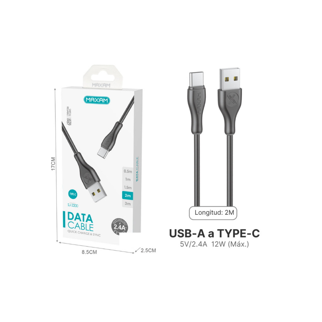 Cable USB Tipo C PVC — (0,5 m / 1 m / 1,5 m / 2 m / 3 m) Blanco y Negro MAXAM