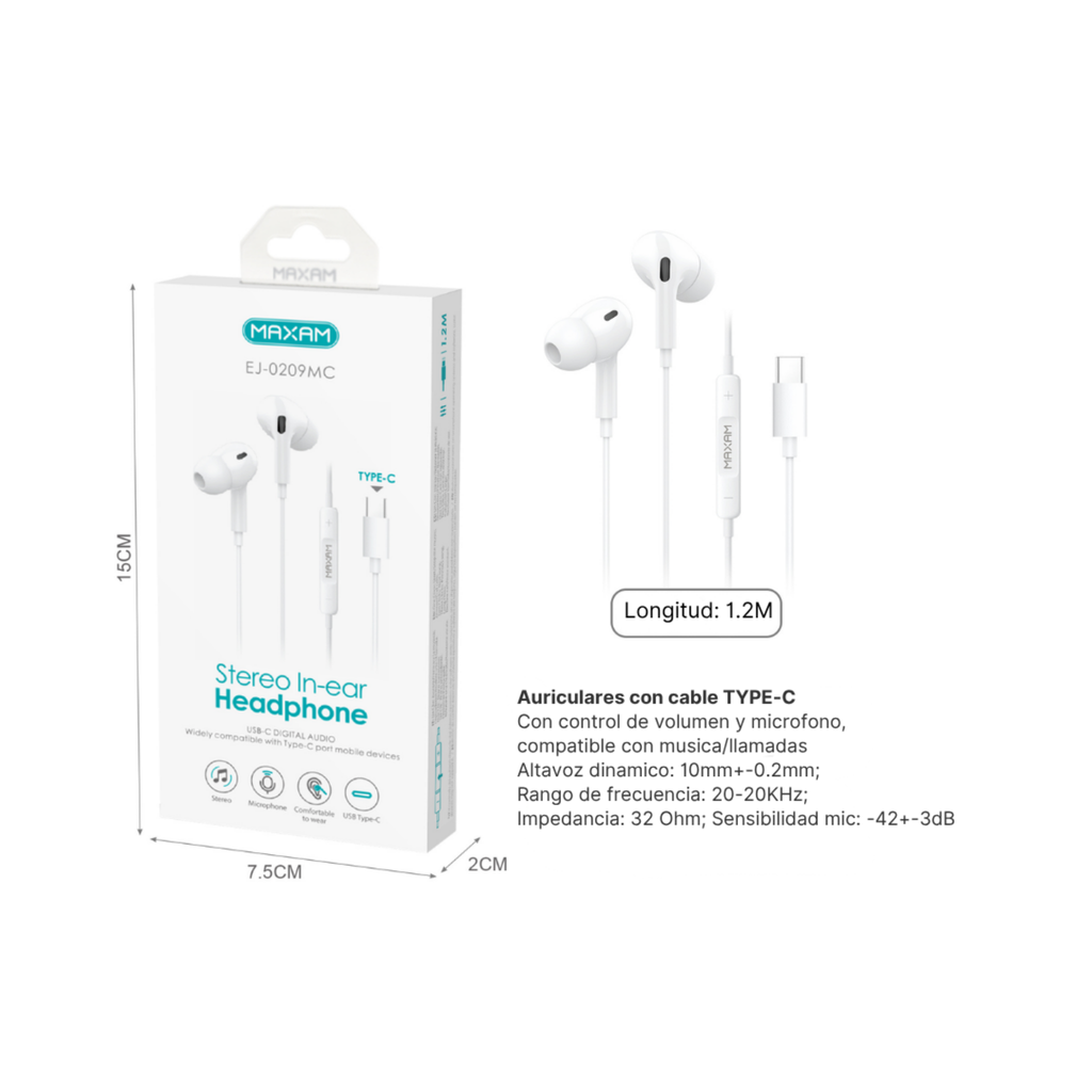 Auriculares Intrauditivos Estéreo Type-C EJ-0209MC | Micrófono | Cable 1.2m | Negro y Blanco