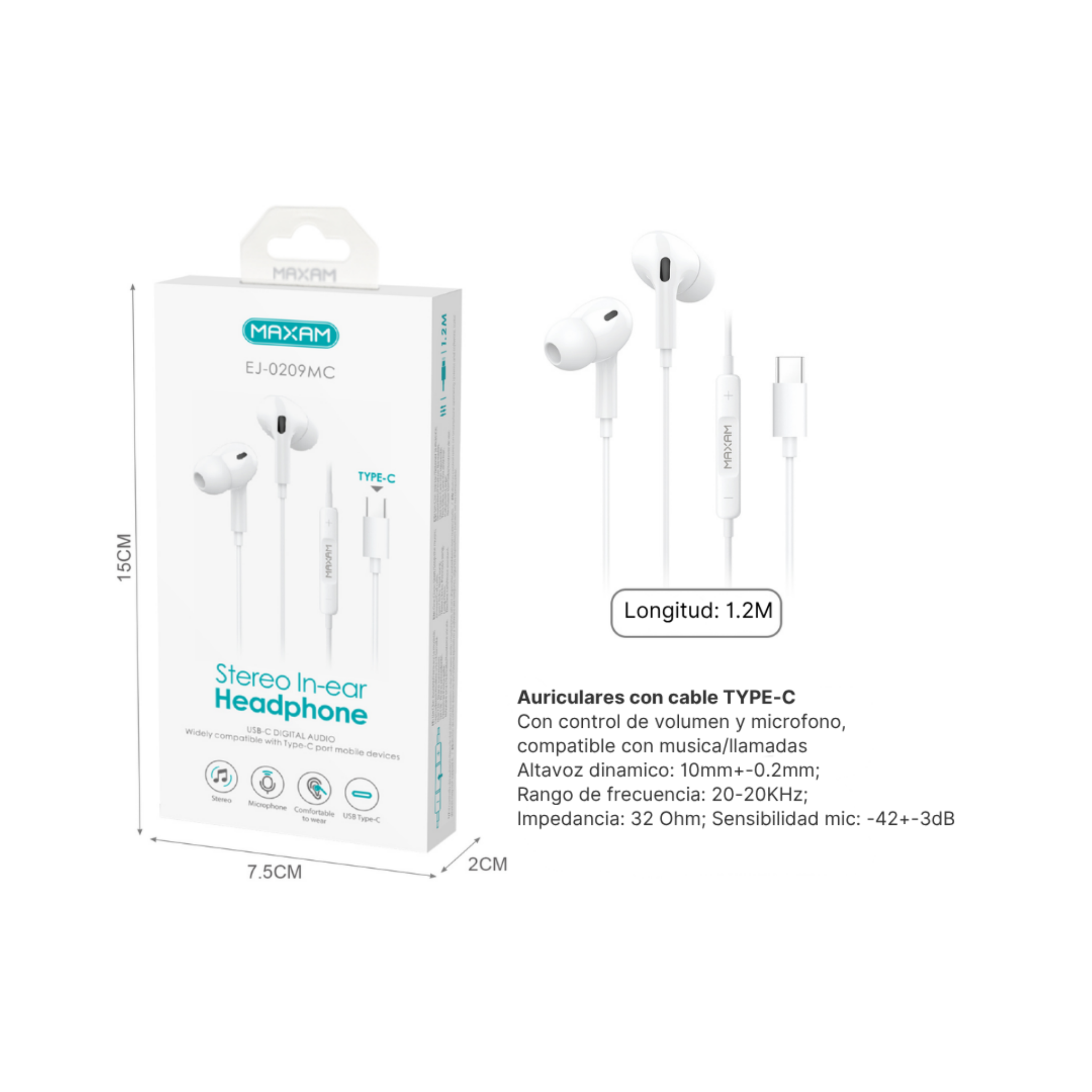 Auriculares Intrauditivos Estéreo Type-C EJ-0209MC | Micrófono | Cable 1.2m | Negro y Blanco