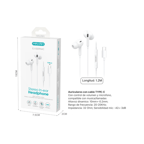 Auriculares Intrauditivos Estéreo Type-C EJ-0209MC | Micrófono | Cable 1.2m | Negro y Blanco
