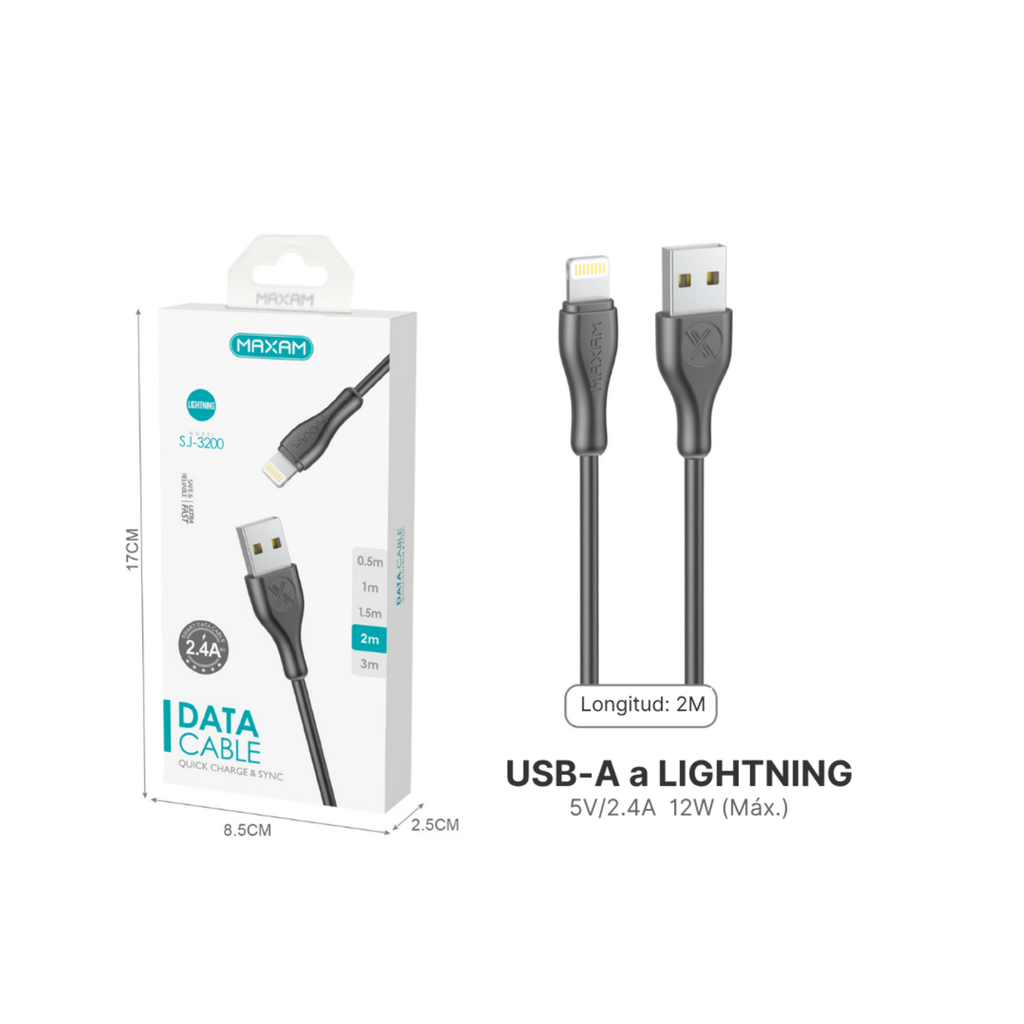 Cable USB-A a Lightning PVC 3A —  (0,5 m / 1 m / 1,5 m / 2 m / 3 m) Blanco y Negro