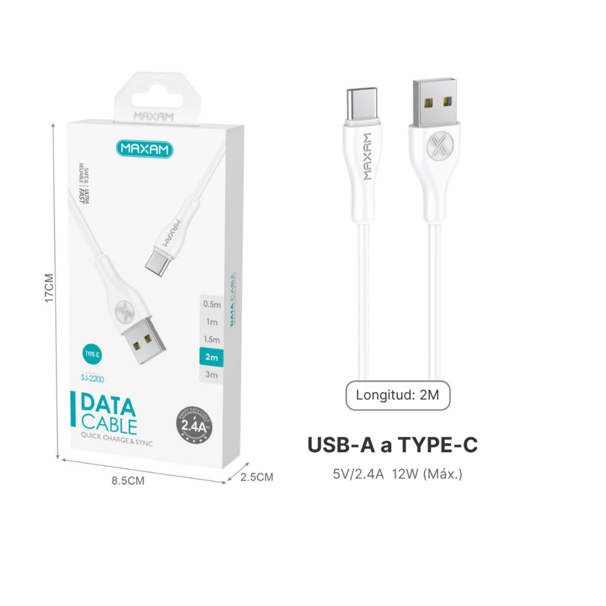 Cable USB Tipo C PVC — (0,5 m / 1 m / 1,5 m / 2 m / 3 m) Blanco y Negro MAXAM