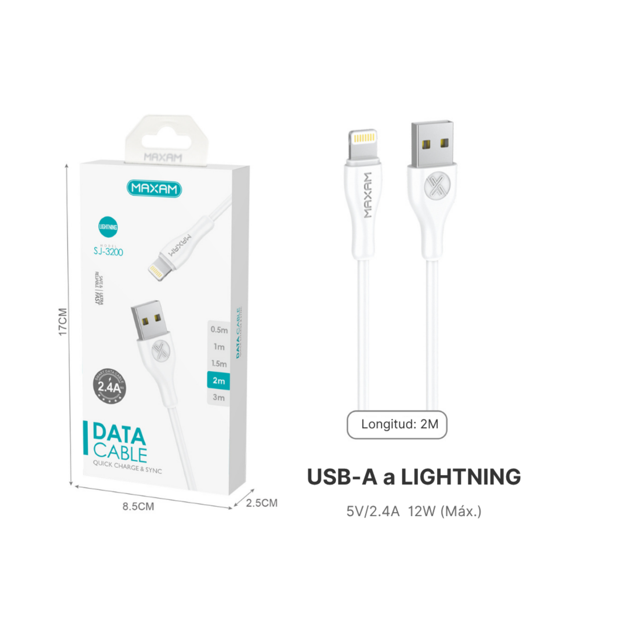 Cable USB-A a Lightning PVC 3A —  (0,5 m / 1 m / 1,5 m / 2 m / 3 m) Blanco y Negro