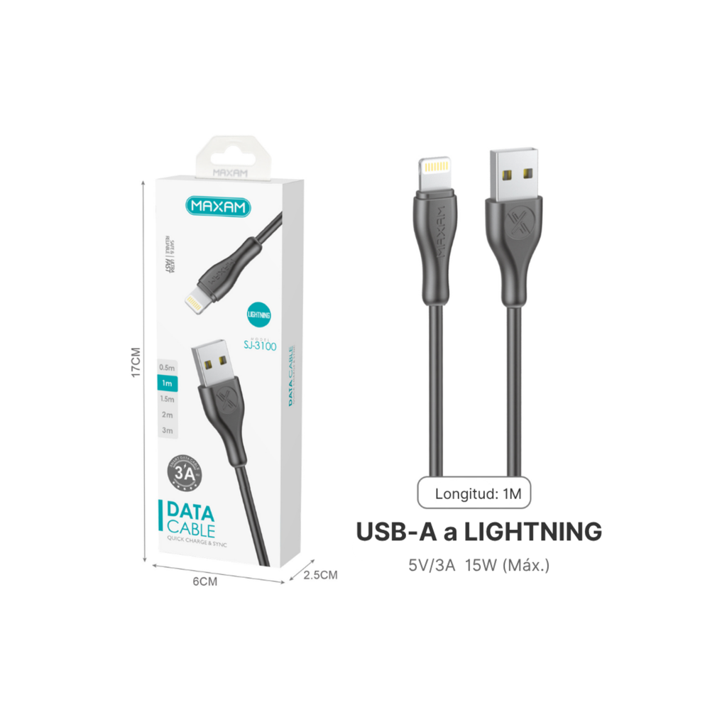 Cable USB-A a Lightning PVC 3A —  (0,5 m / 1 m / 1,5 m / 2 m / 3 m) Blanco y Negro
