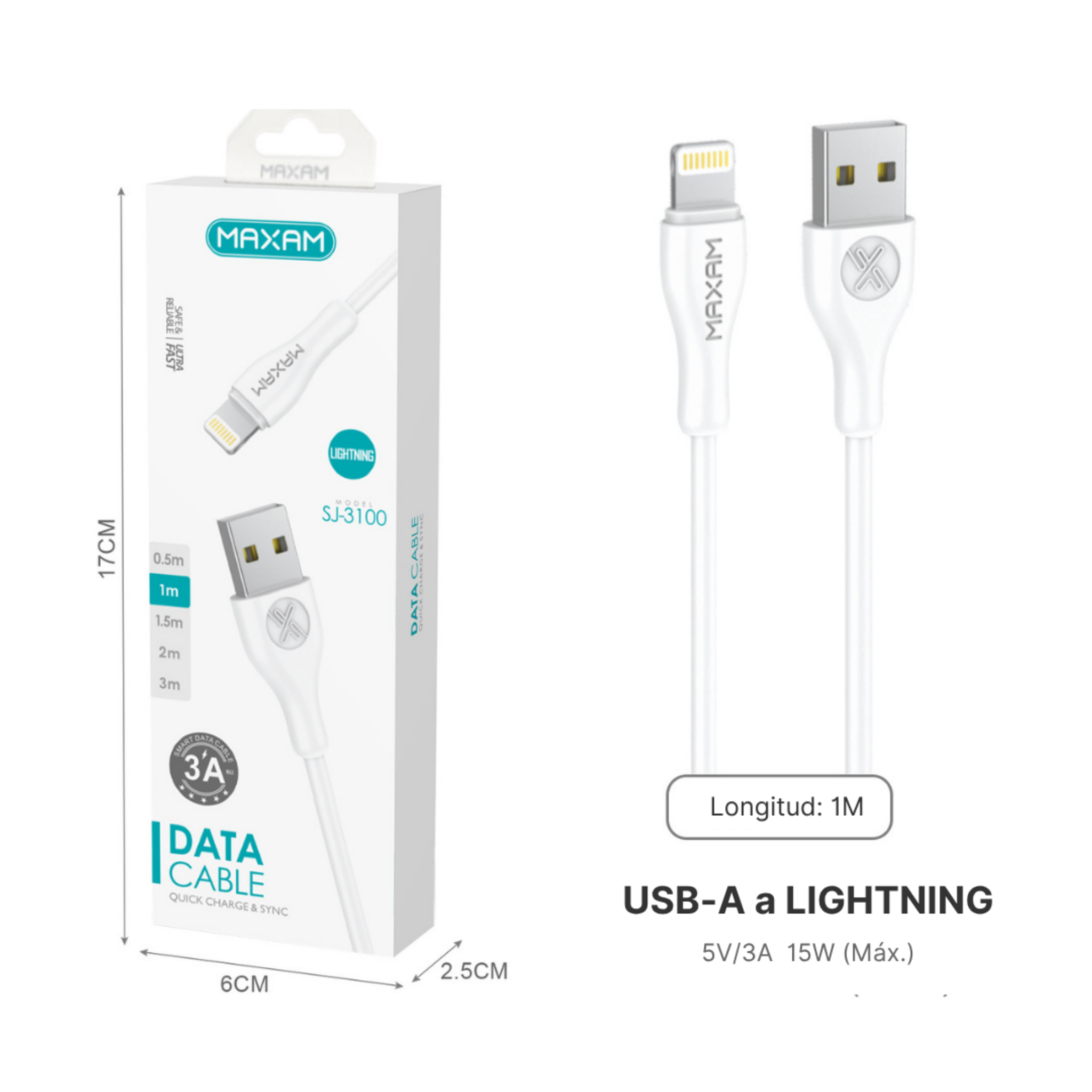 Cable USB-A a Lightning PVC 3A —  (0,5 m / 1 m / 1,5 m / 2 m / 3 m) Blanco y Negro