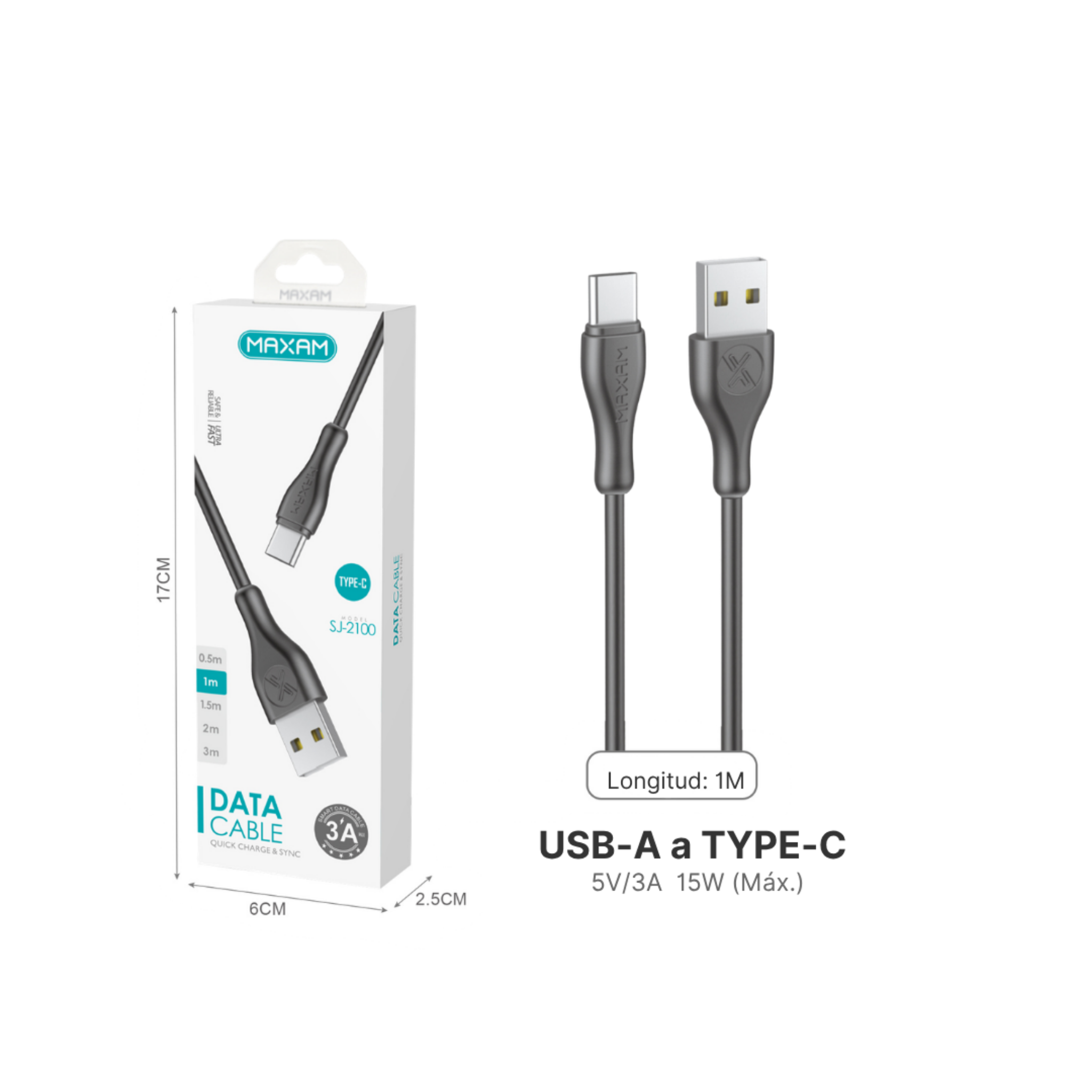 Cable USB Tipo C PVC — (0,5 m / 1 m / 1,5 m / 2 m / 3 m) Blanco y Negro MAXAM