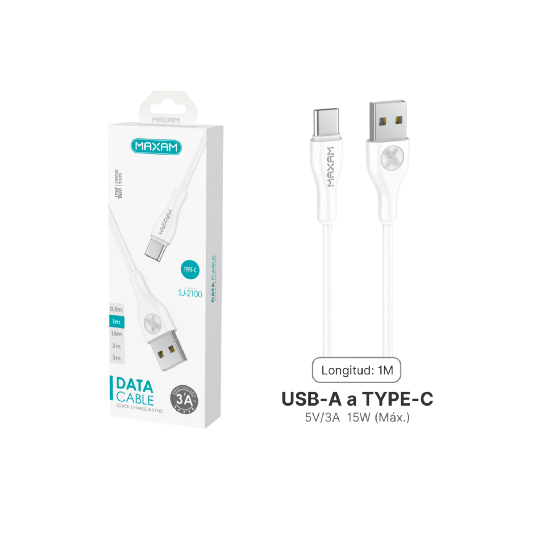 Cable USB Tipo C PVC — (0,5 m / 1 m / 1,5 m / 2 m / 3 m) Blanco y Negro MAXAM