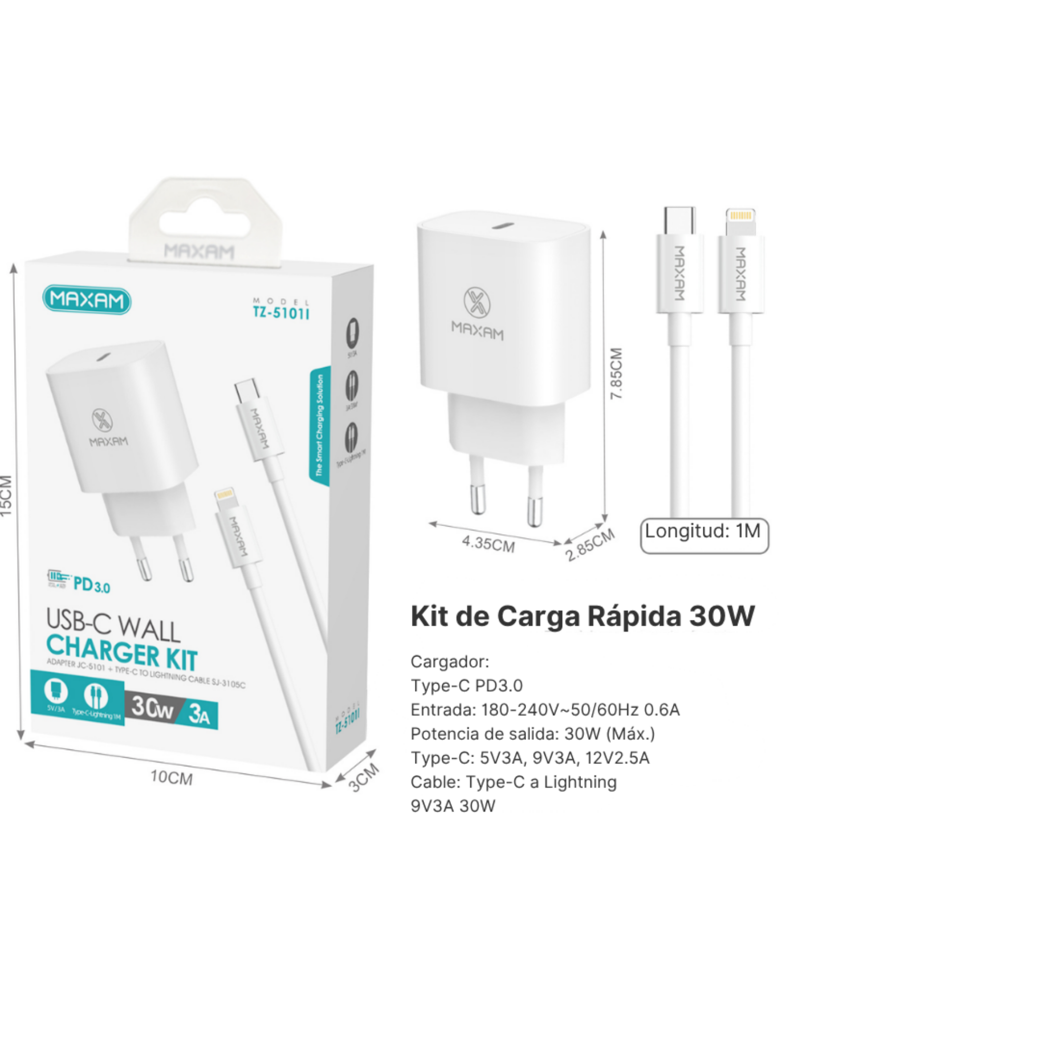 TZ-5101i Kit Cargador Rápido PD 30W con Cable Type-C a Lightning 1m – Blanco