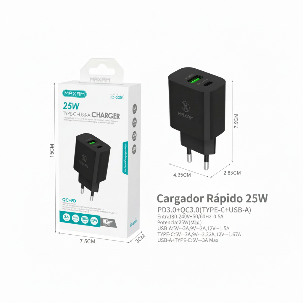 JC-5201 Cargador Rápido PD 25W Doble Puerto USB-C + USB-A – Negro y Blanco