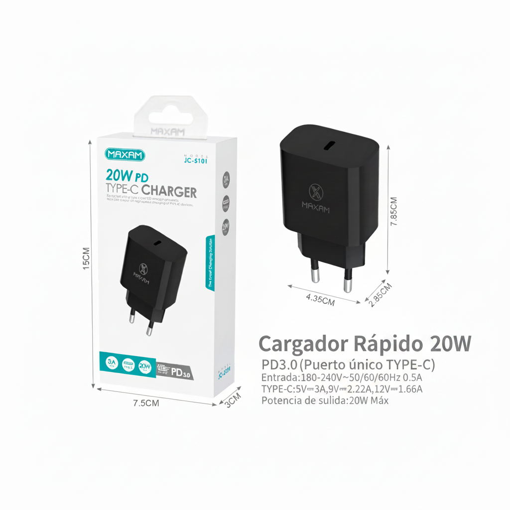 JC-5101 Cargador Rápido PD 20W Puerto Único USB-C – Negro y Blanco