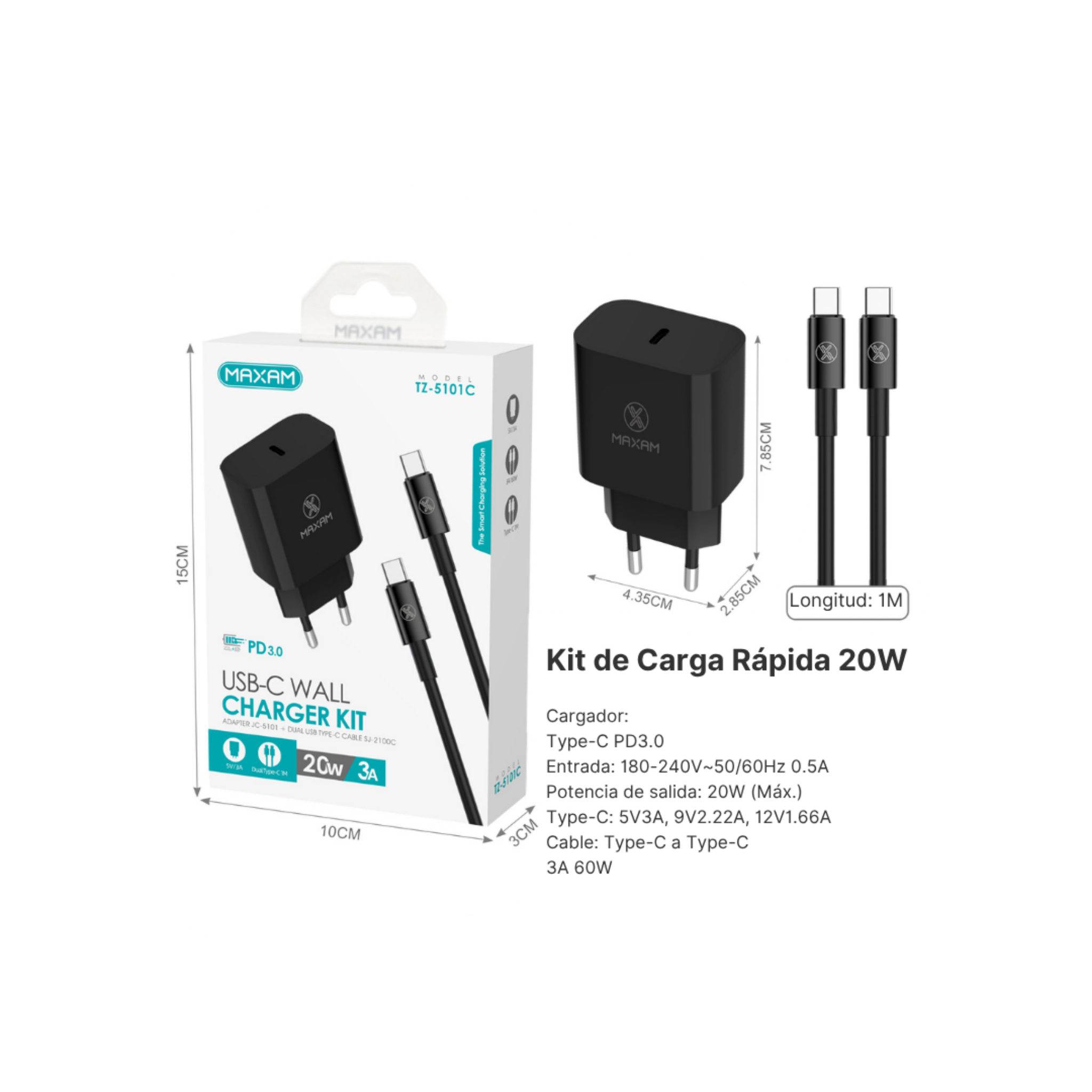 TZ-5101C Kit Cargador Rápido PD 20W con Cable Type-C 60W 1m – Negro y Blanco