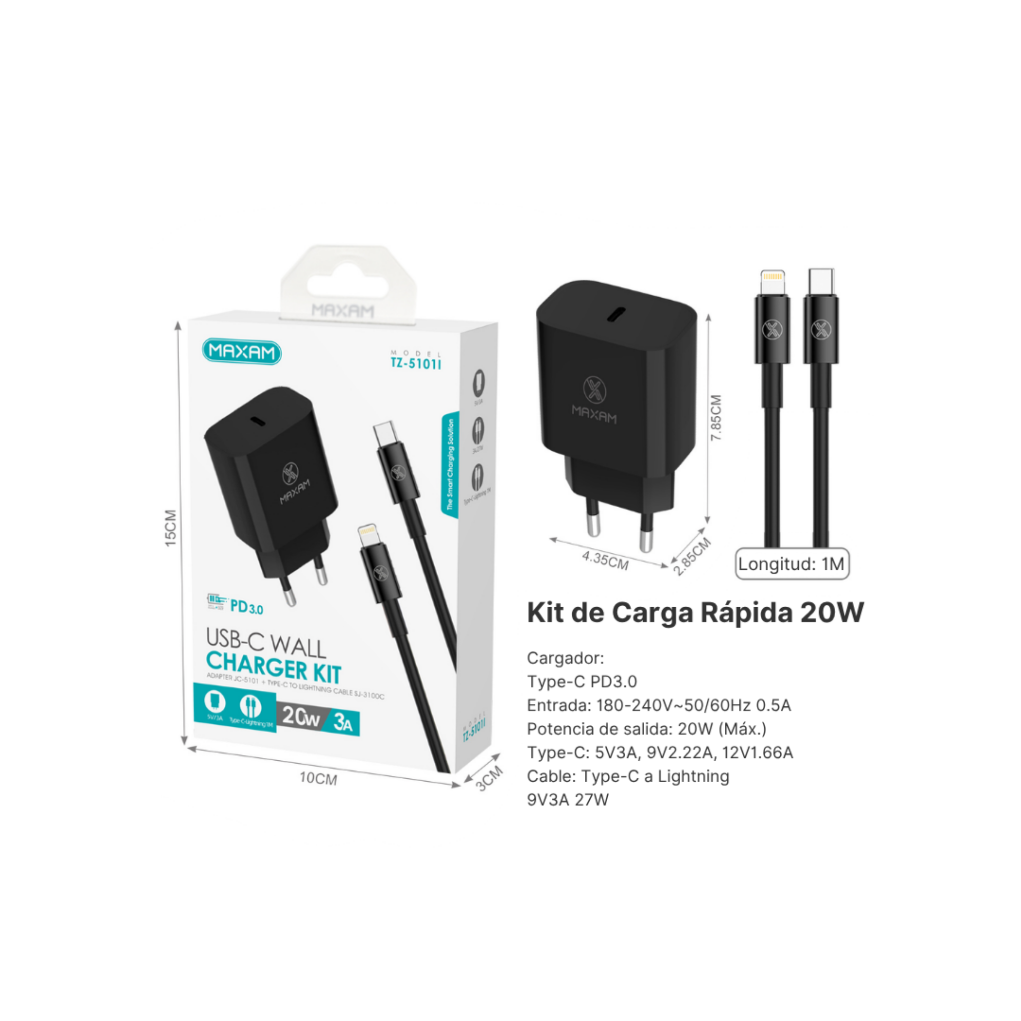 TZ-5101I Kit Cargador Rápido PD 20W con Cable Lightning 27W 1m