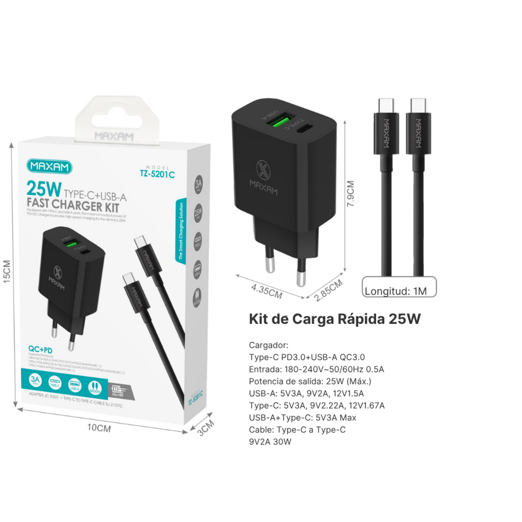 TZ-5201C Kit Cargador Rápido PD/USB 25W Doble Puerto con Cable Type-C 30W 1m – Negro y Blanco
