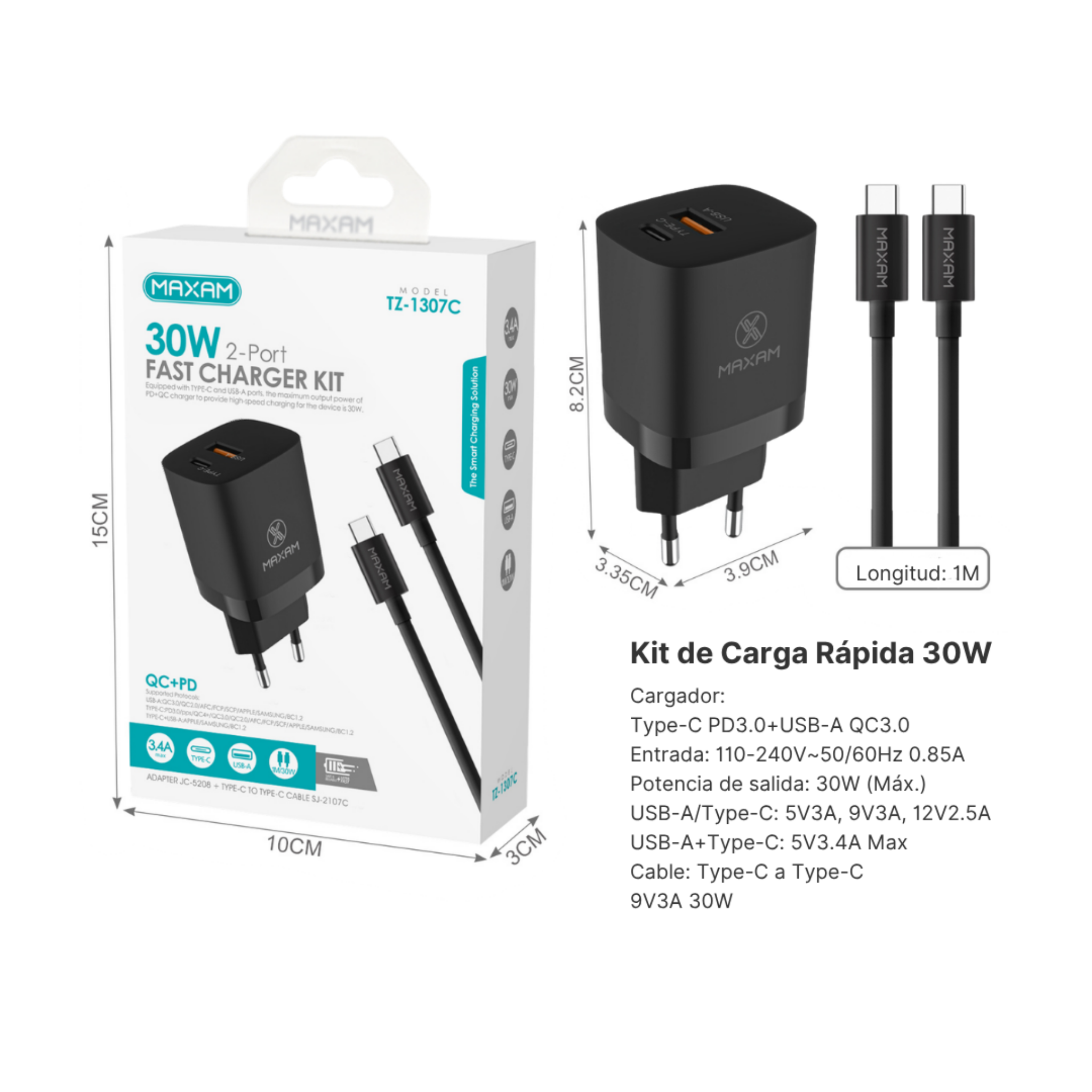 Kit Cargador Rápido 30W – Doble Puerto PD/USB + Cable Type-C a Type-C 1m