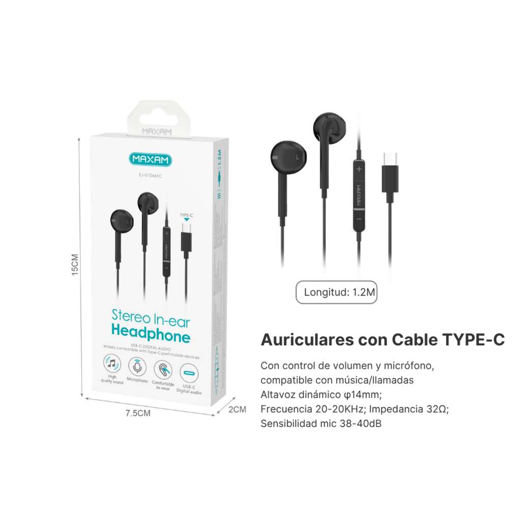 Auriculares Intrauditivos Type-C | Micrófono | Cable 1.2m | Compatible iPhone 15 | Negro EJ-0106MC / Blanco EJ-0107MC
