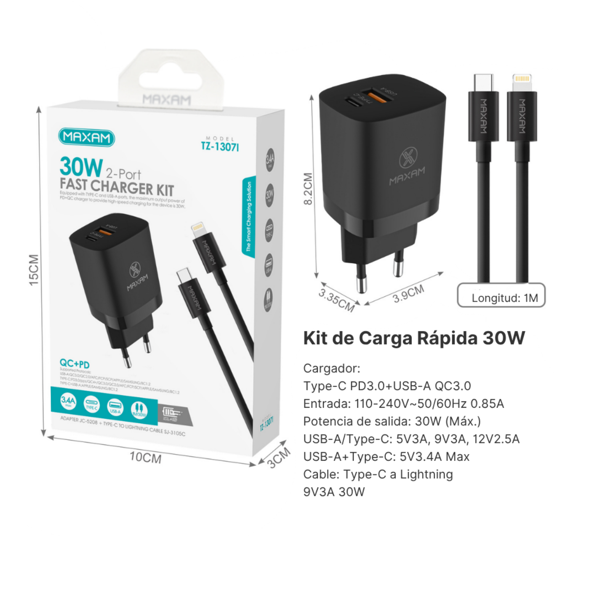 Kit Cargador Rápido 30W – Doble Puerto PD/USB + Cable Type-C a Lightning 1m