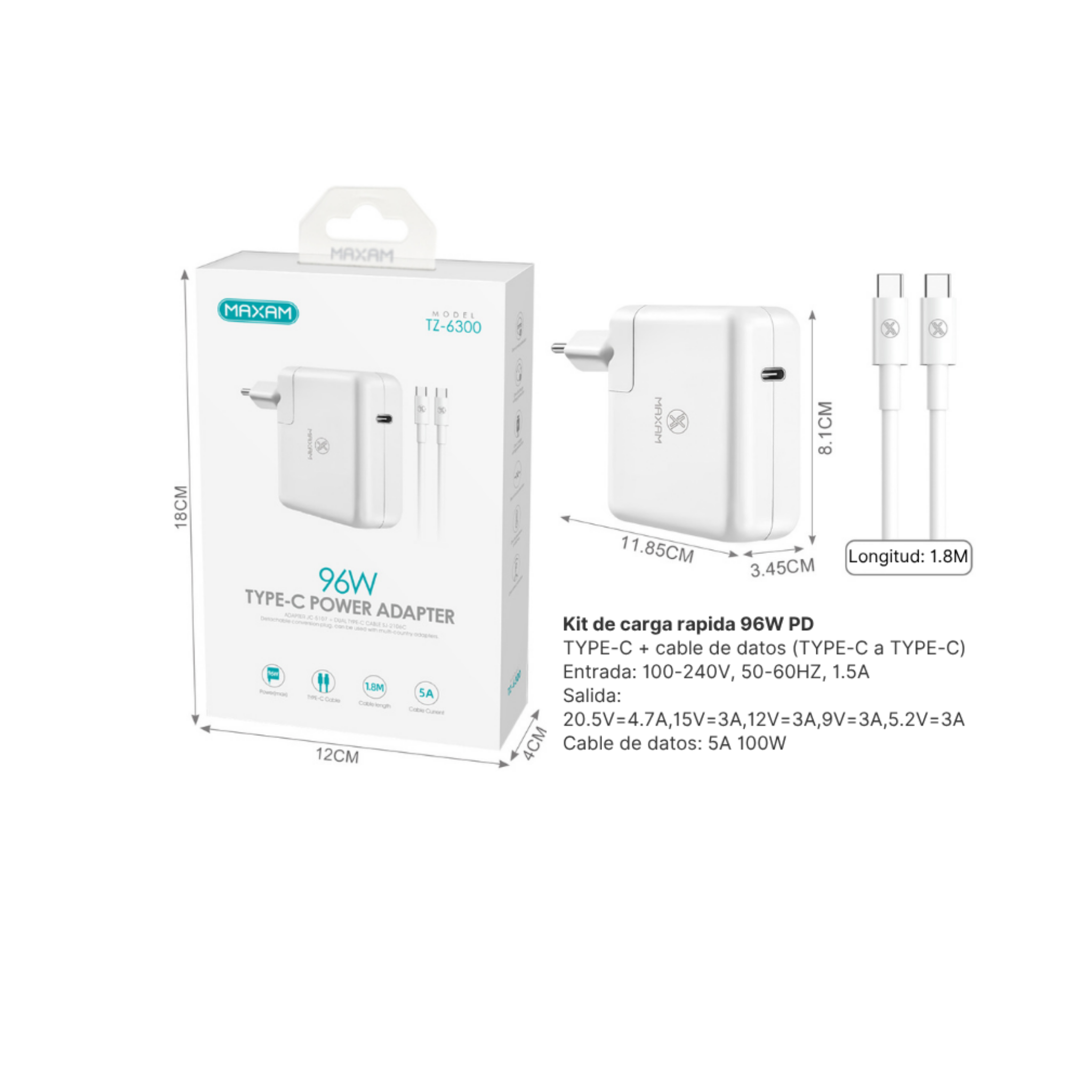 TZ-6300 Kit Cargador Rápido USB-C PD 96W – Blanco con Cable Type-C 100W 1.8m
