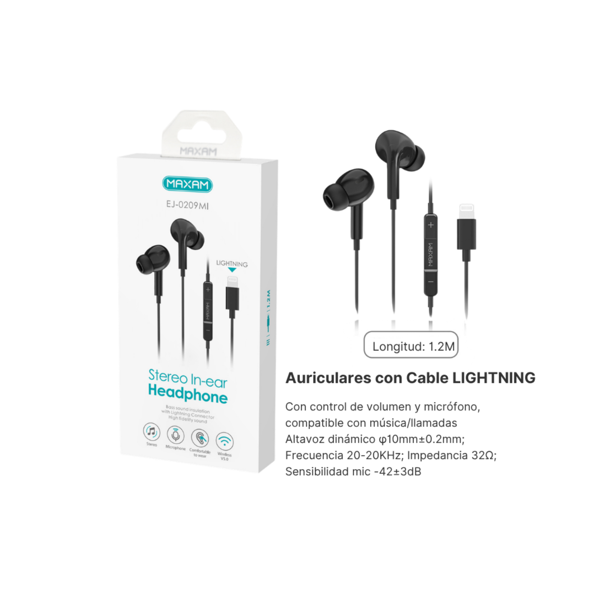 Auriculares Intrauditivos Lightning EJ-0209MI | Micrófono | Cable 1.2m | Bluetooth | Compatible iPhone | Negro