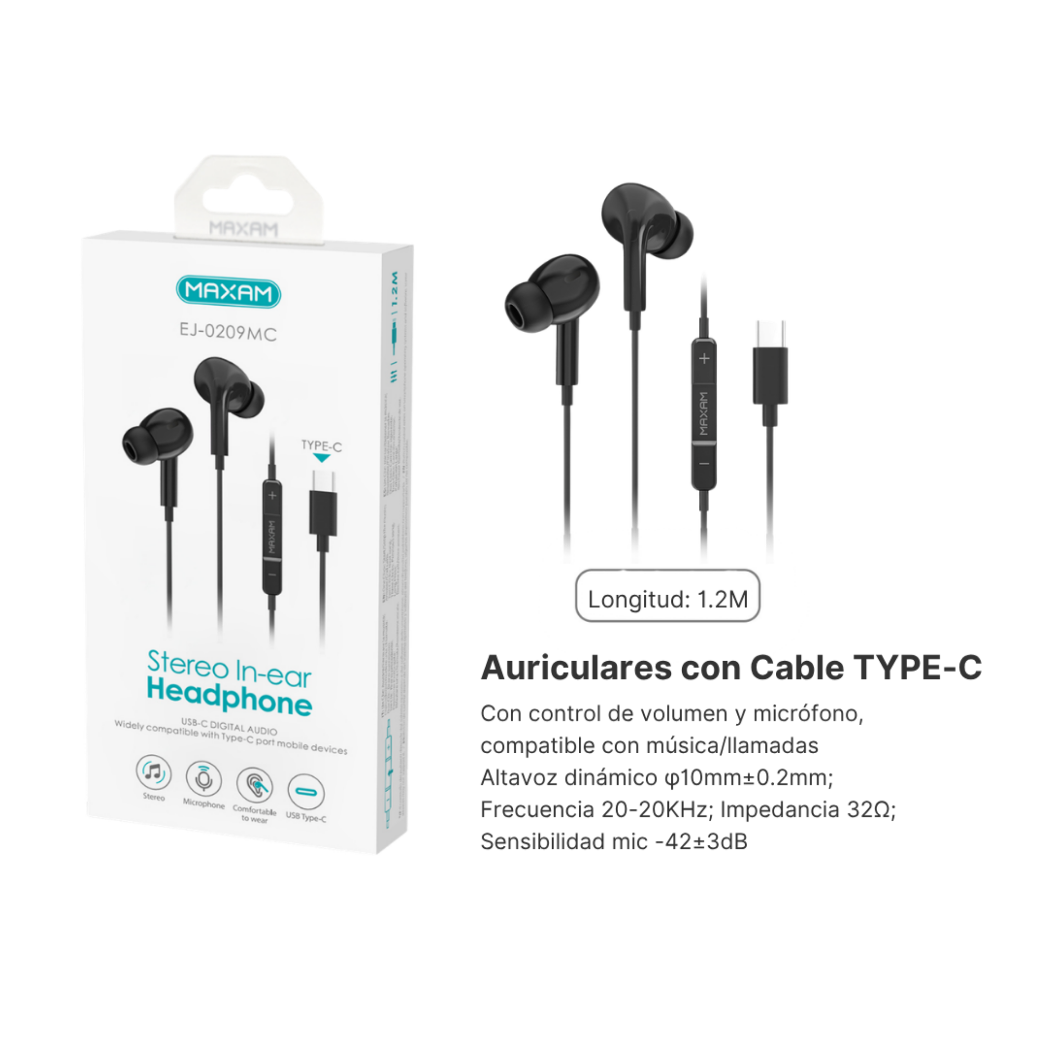 Auriculares Intrauditivos Estéreo Type-C EJ-0209MC | Micrófono | Cable 1.2m | Negro y Blanco