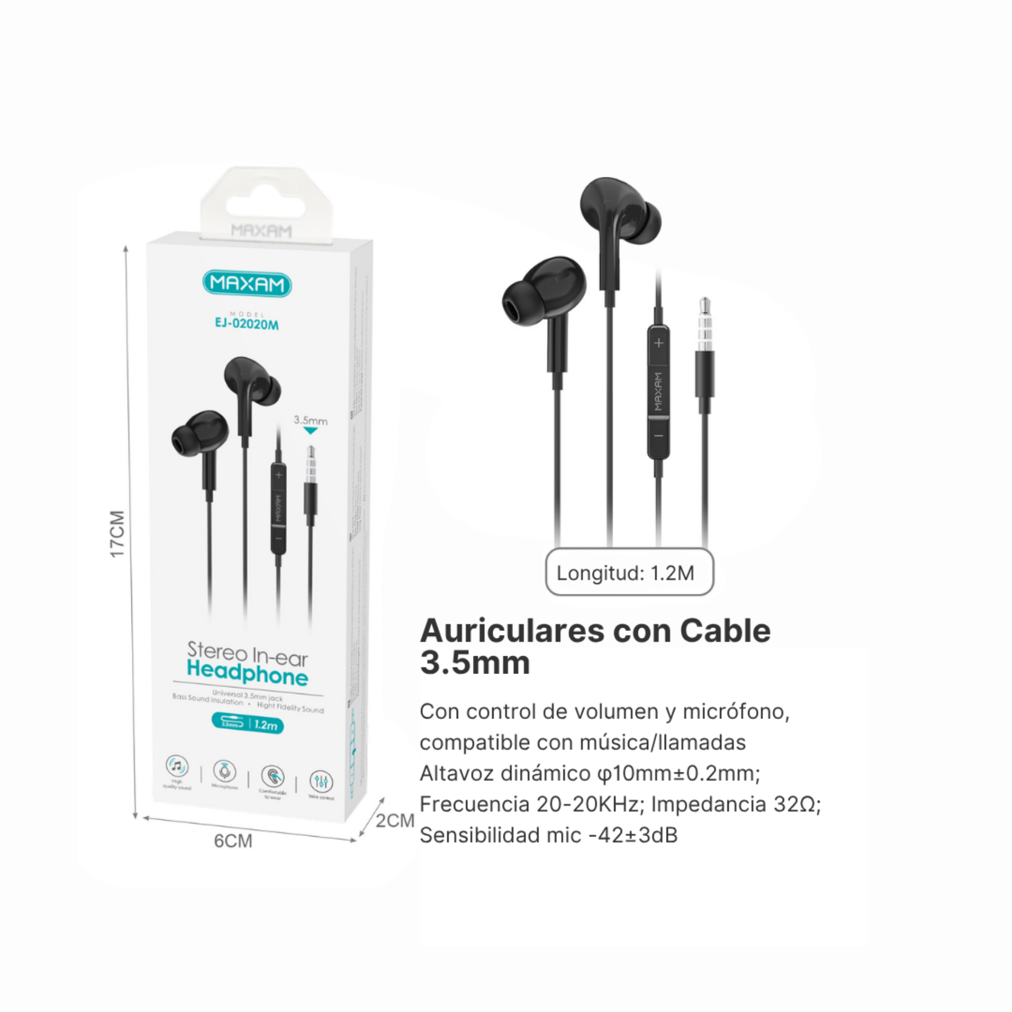 Auriculares Intrauditivos Estéreo EJ-02020M | Micrófono | Jack 3.5mm | Cable 1.2m | Negro y Blanco