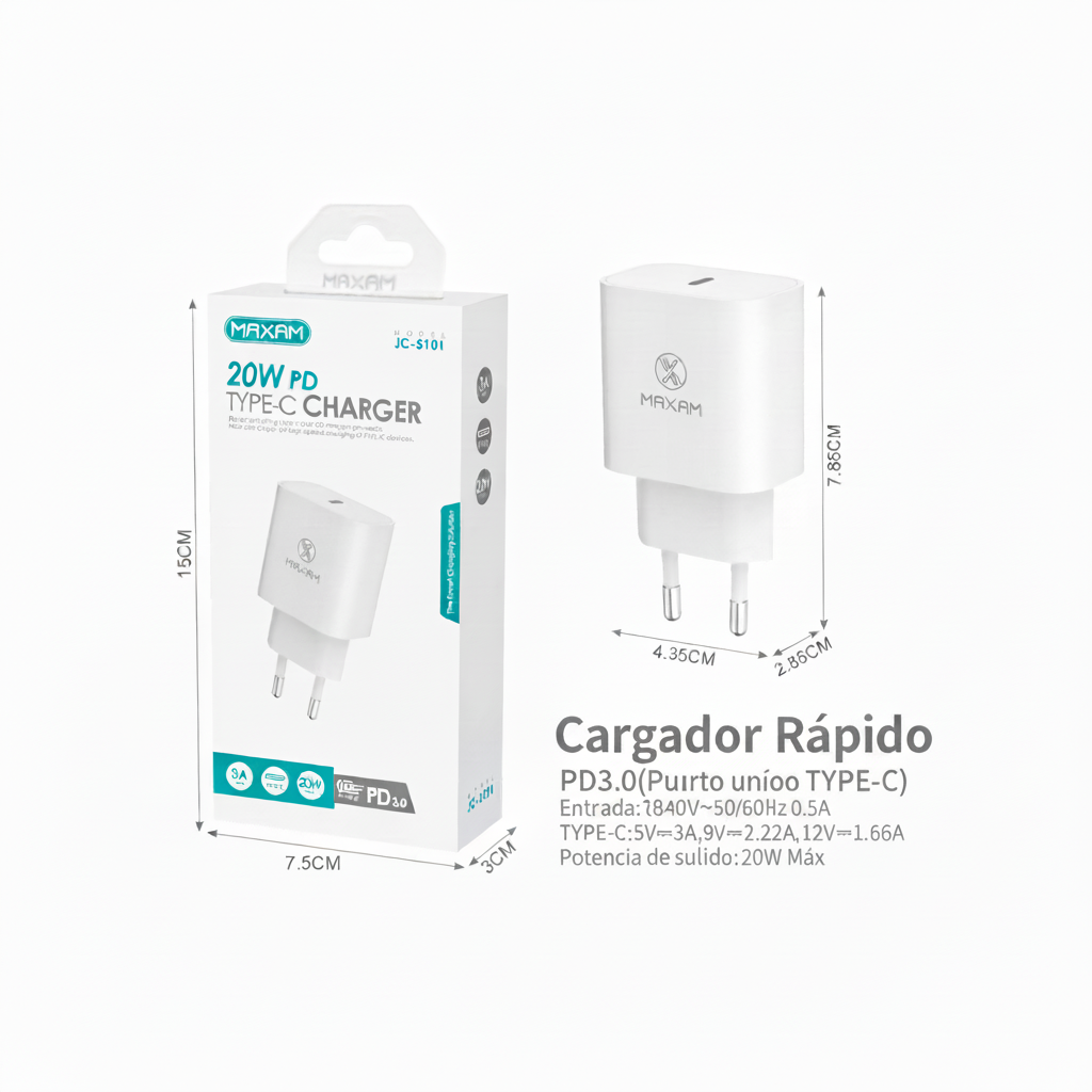 JC-5101 Cargador Rápido PD 20W Puerto Único USB-C – Negro y Blanco