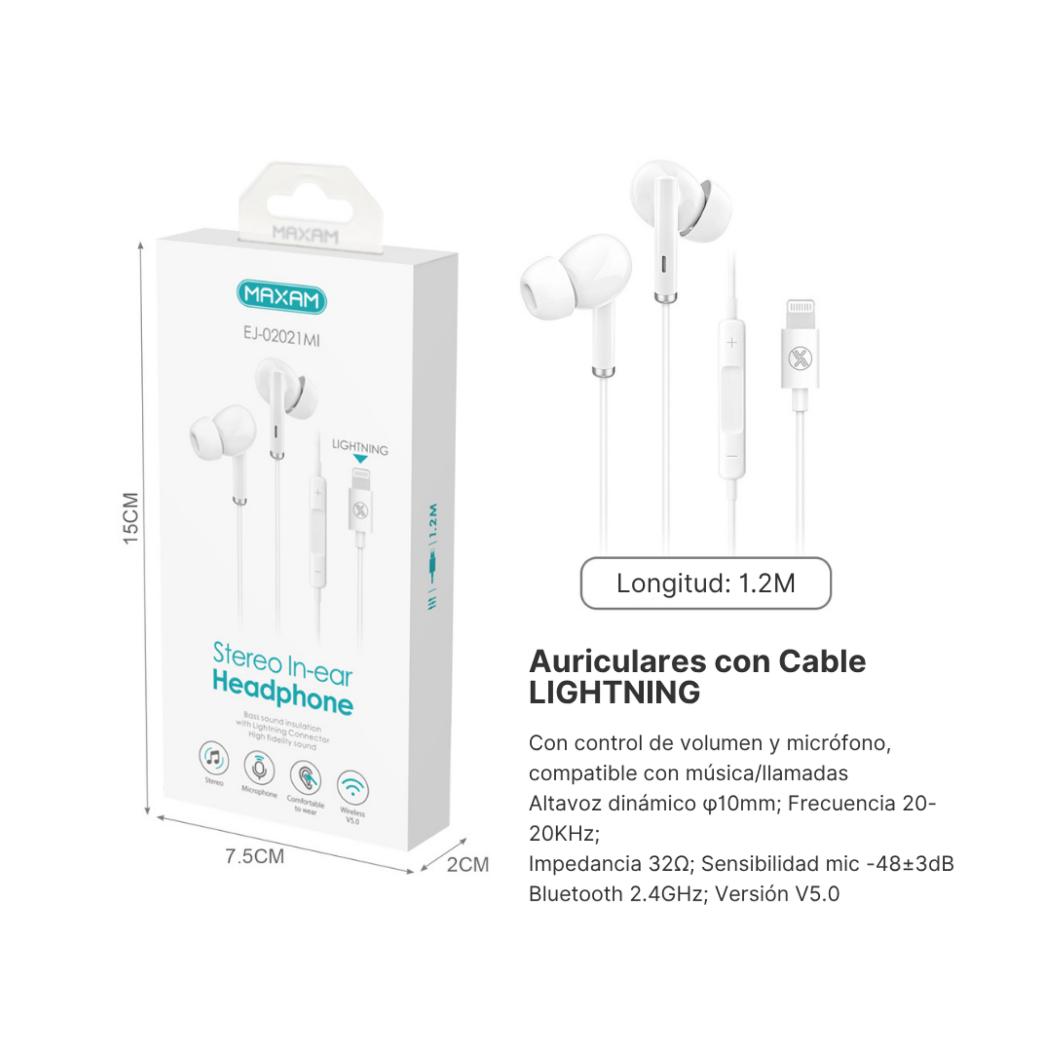 Auriculares Intrauditivos Lightning EJ-02021MI | Micrófono | Cable 1.2m | Compatible iPhone | Blanco