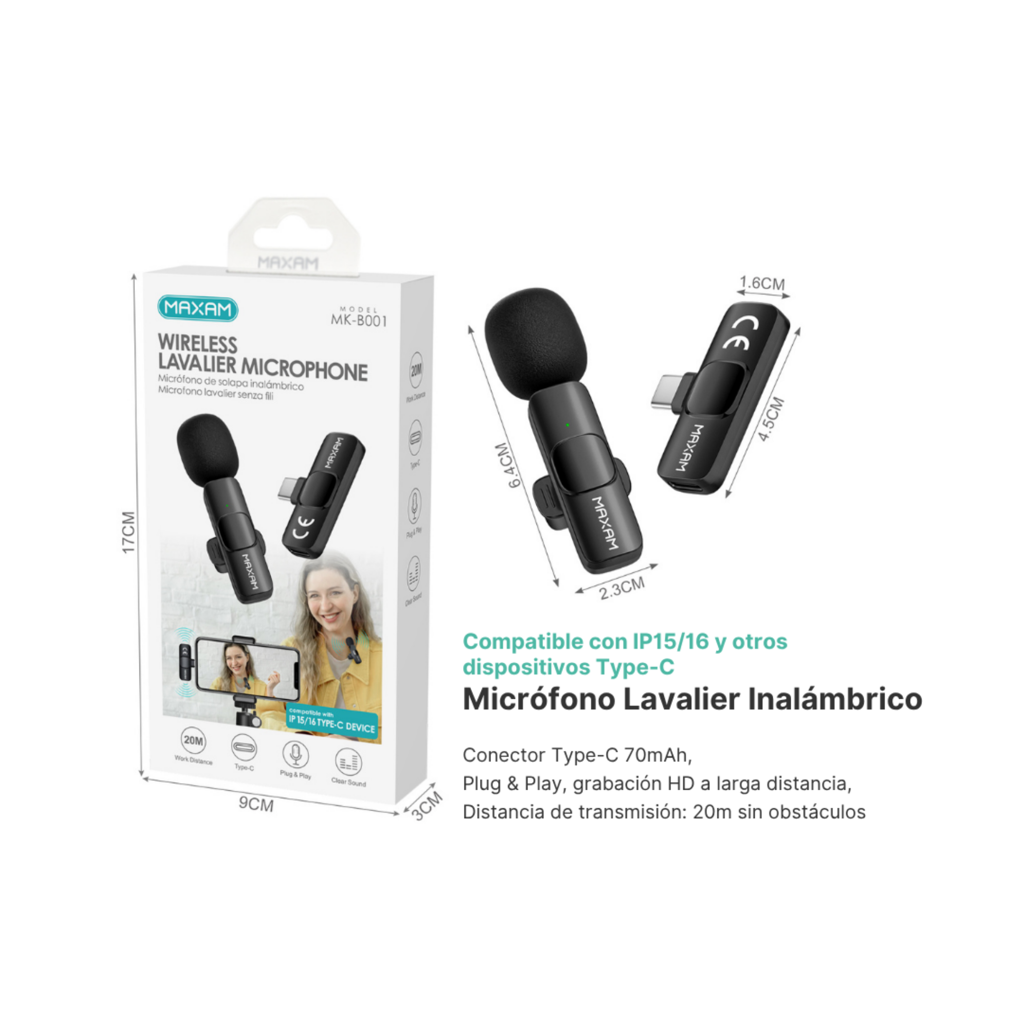 Micrófono de Solapa Inalámbrico MK-B001 | USB-C | 60mAh | iPhone 15, Android, MacBook | Negro