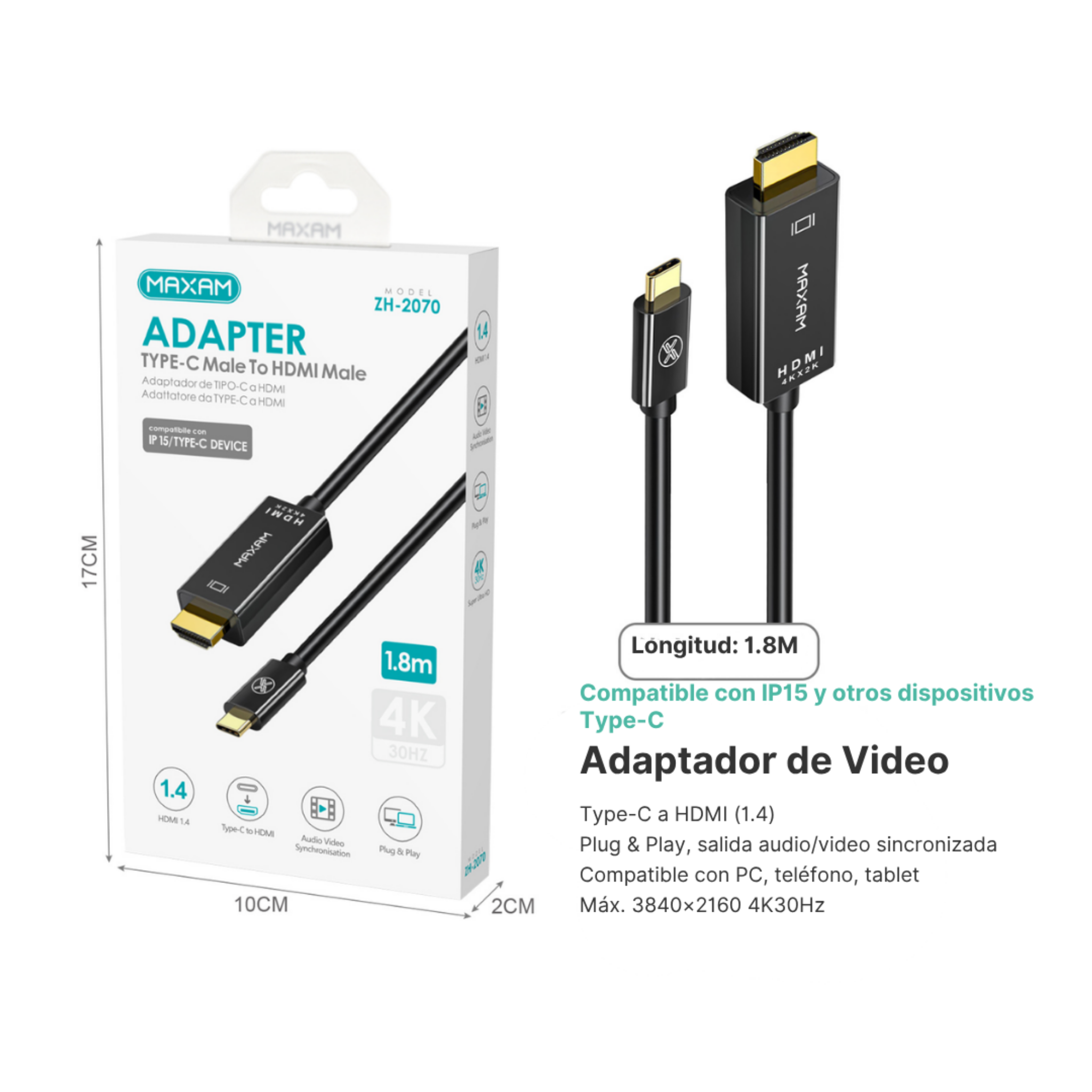Cable Adaptador USB-C a HDMI ZH-2070 | 1.8m | Audio y Vídeo | Negro