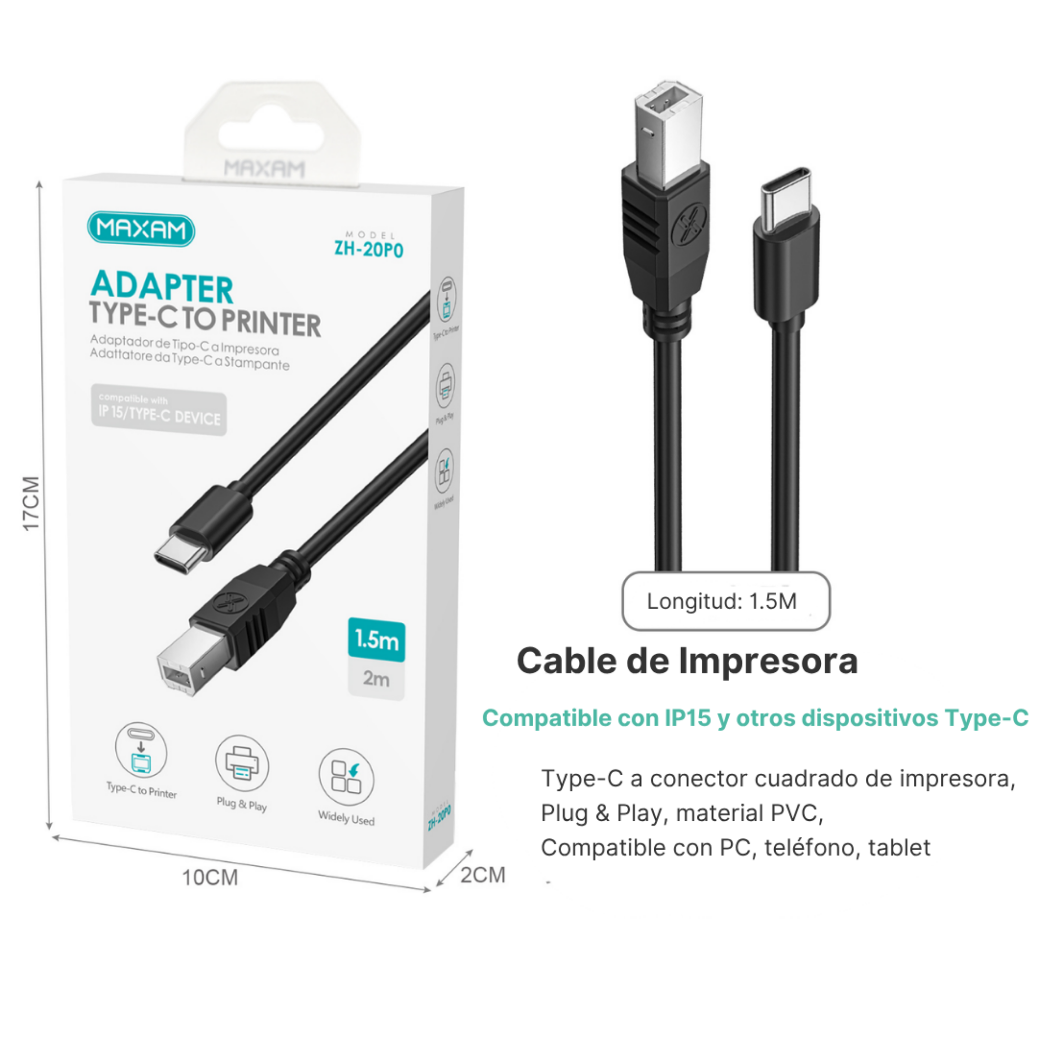 Cable USB-C a Impresora ZH-20P0 | USB-B Cuadrado | 1.5m | Compatible iPhone 15 | Negro