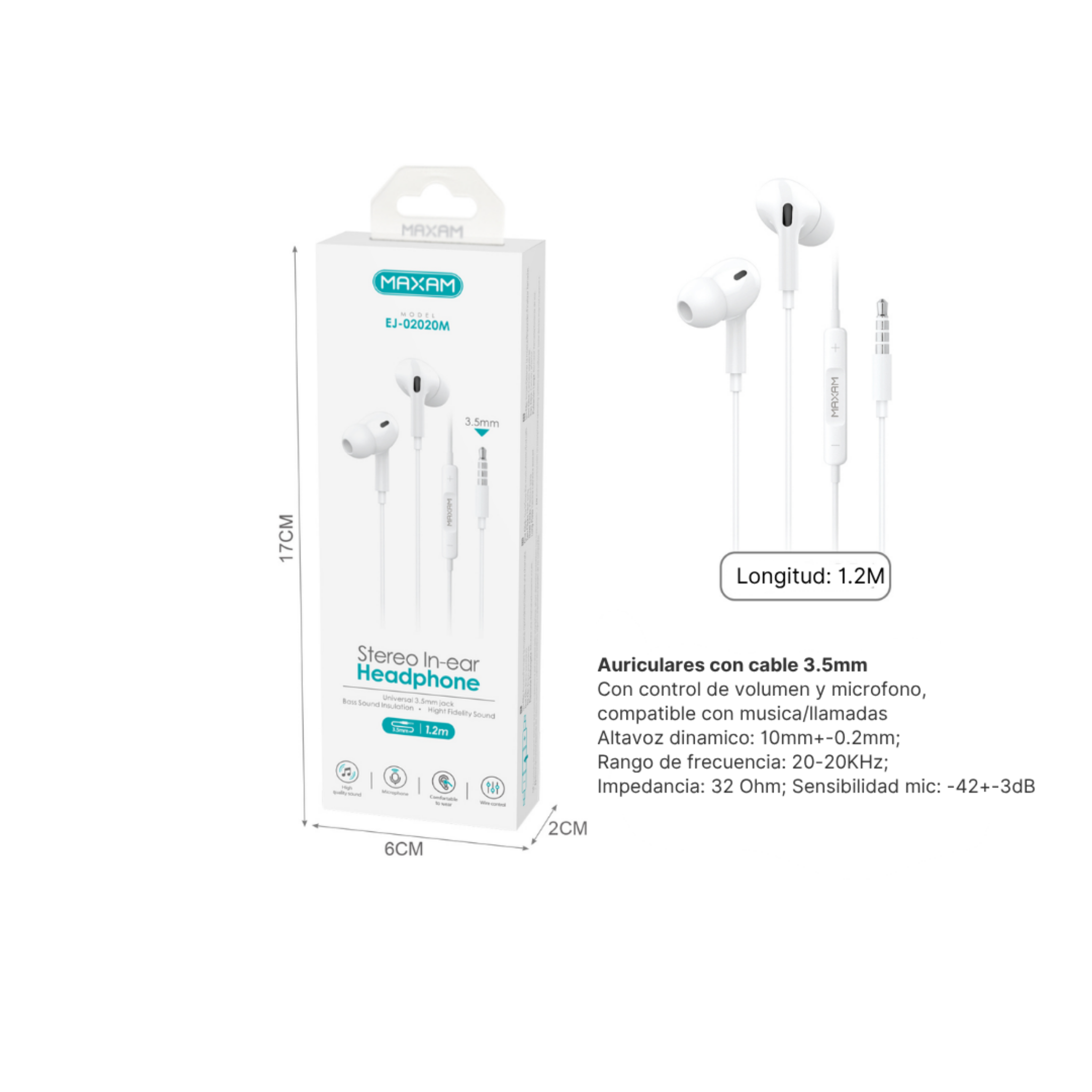 Auriculares Intrauditivos Estéreo EJ-02020M | Micrófono | Jack 3.5mm | Cable 1.2m | Negro y Blanco