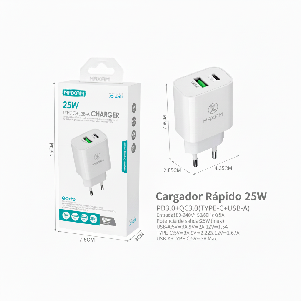 JC-5201 Cargador Rápido PD 25W Doble Puerto USB-C + USB-A – Negro y Blanco