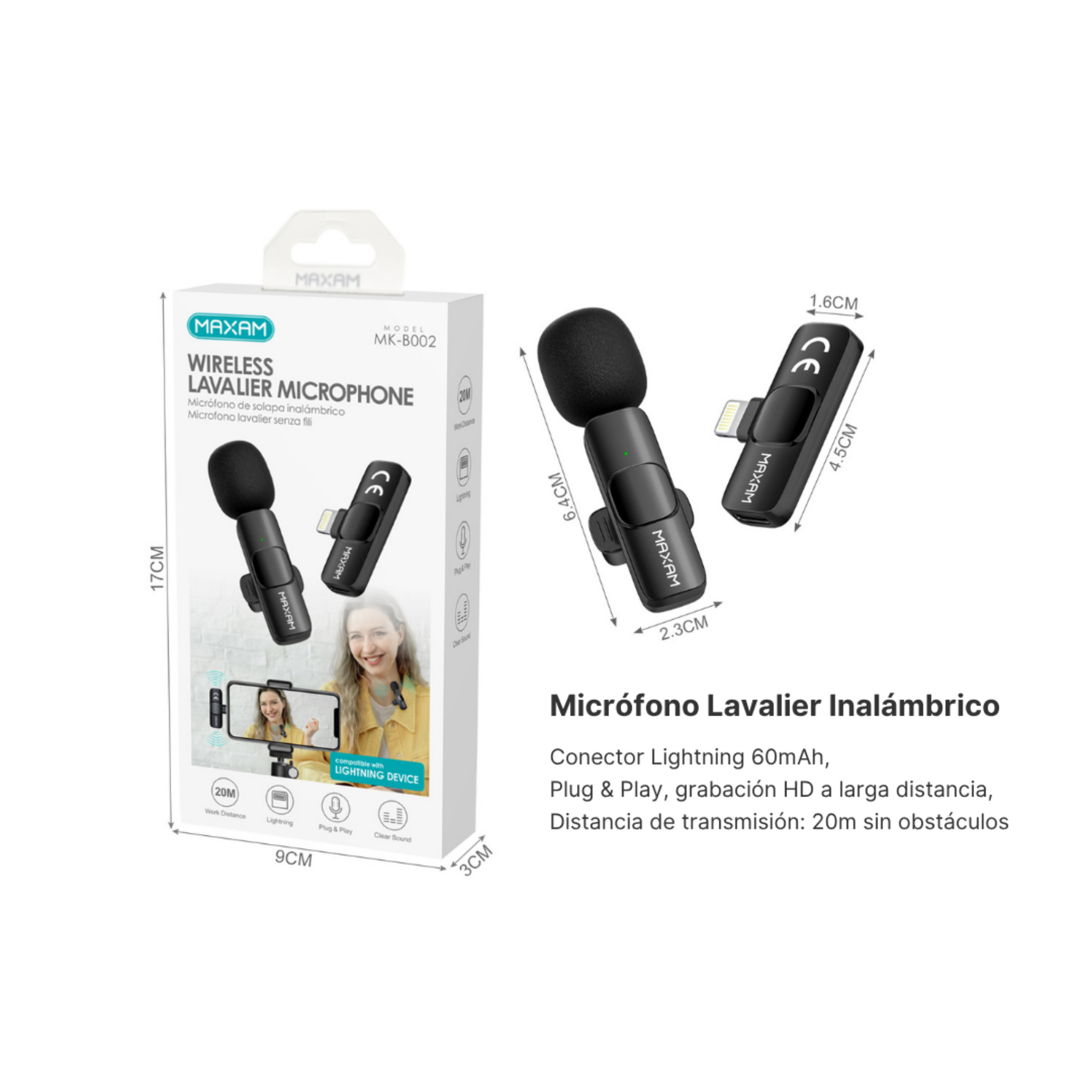 Micrófono de Solapa Inalámbrico MK-B002 | Lightning | 60mAh | Para iPhone | Negro
