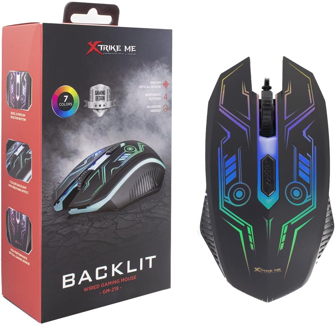 Xtrike Me GM-219 Ratón Gaming Backlit 7 Colores 1600 DPI con Cable | Sin Driver