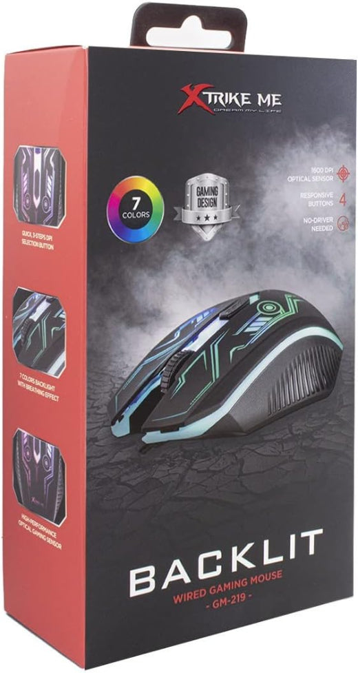 Xtrike Me GM-219 Ratón Gaming Backlit 7 Colores 1600 DPI con Cable | Sin Driver