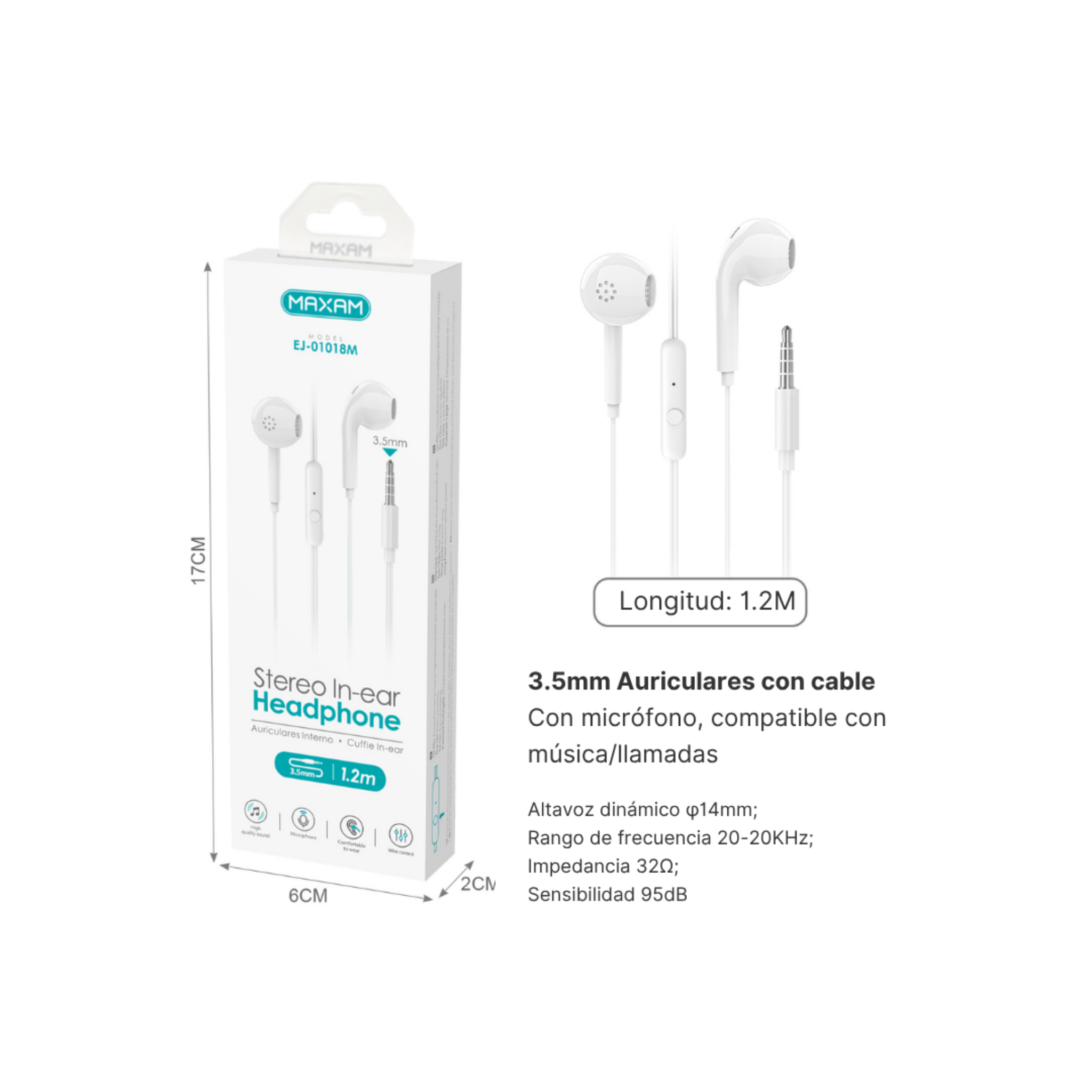 Auriculares Estéreo con Micrófono EJ-01018M | Jack 3.5mm | Cable 1.2m | Negro y Blanco