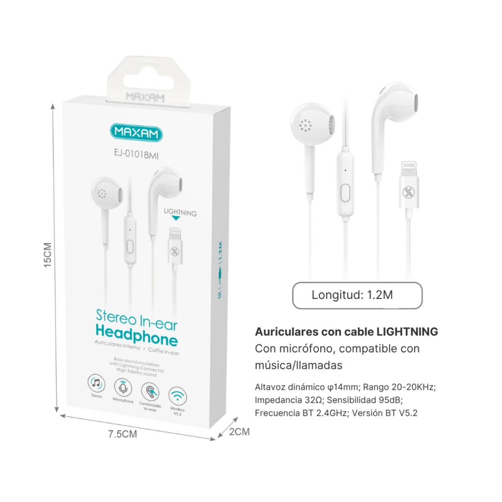 EJ-01018MI Auriculares con Cable y Micrófono – Estéreo, Altavoz Magnético, 1,2 m