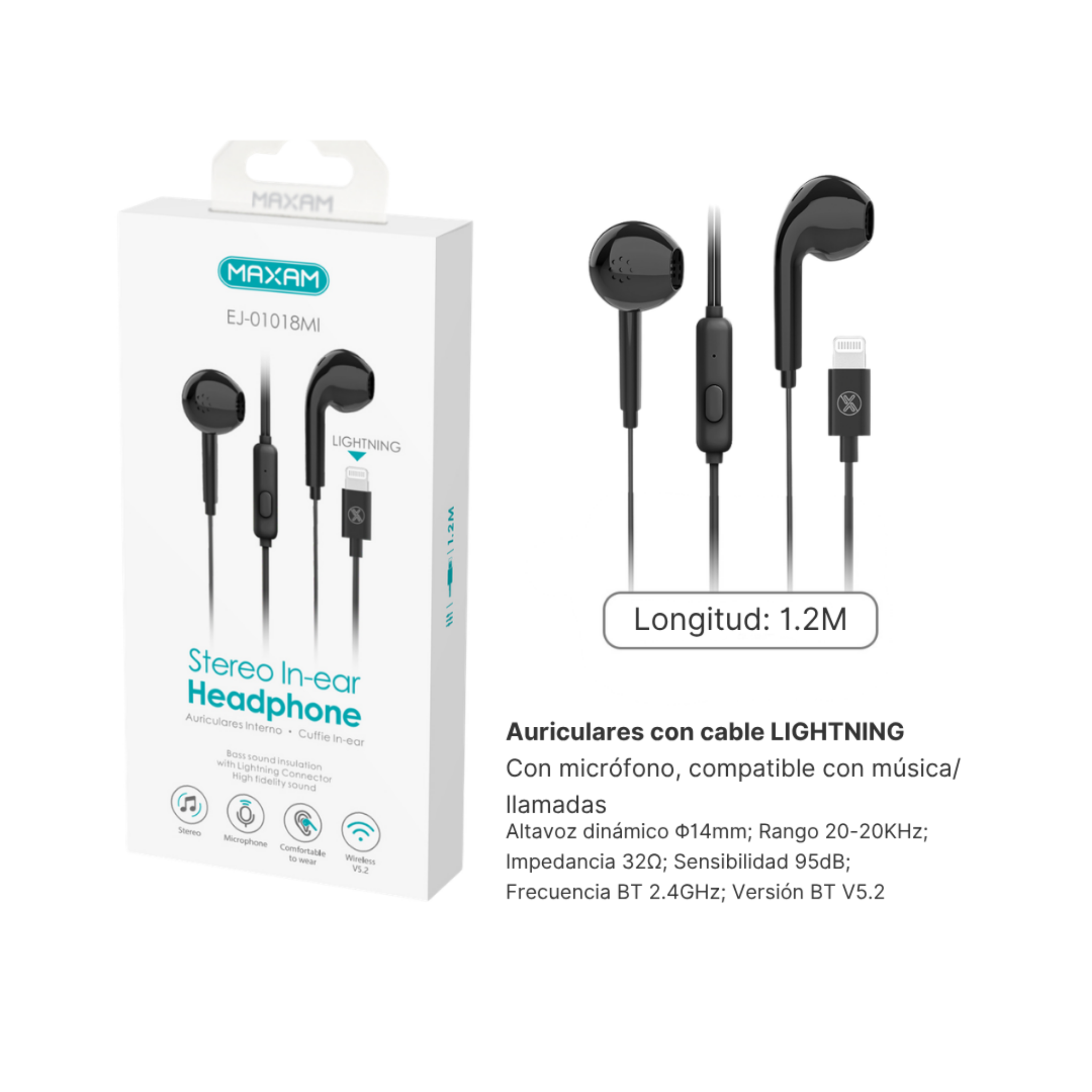 EJ-01018MI Auriculares con Cable y Micrófono – Estéreo, Altavoz Magnético, 1,2 m