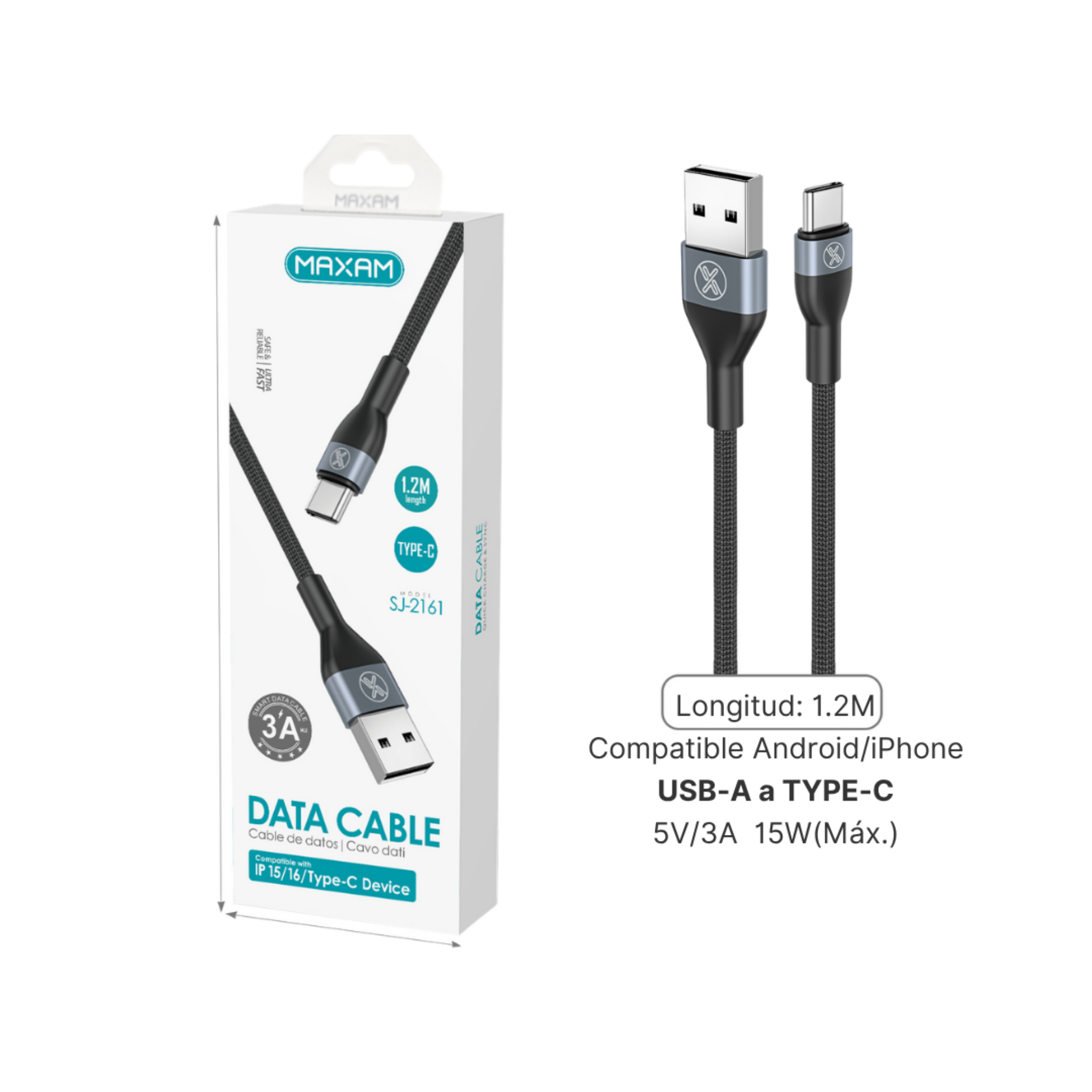 Cable USB Tipo C  3A 1,2 m — SJ-2161 MAXAM (Blanco / Negro, Compatible iPhone)